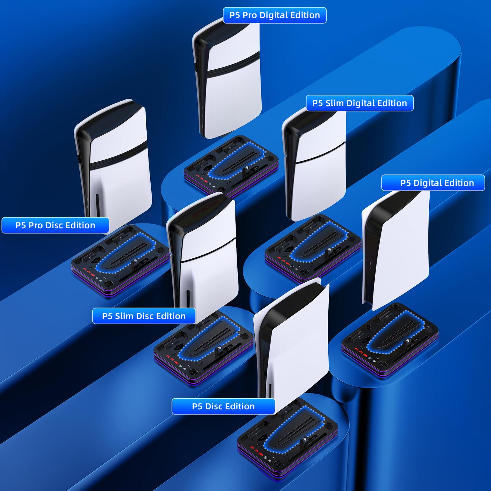 FYOUNG Supporto di raffreddamento e stazione di ricarica tutto in uno per console PS5/Slim/Pro e controller Charing Dock, supporto di ricarica per PlayStation, cuffie e supporto remoto con supporto