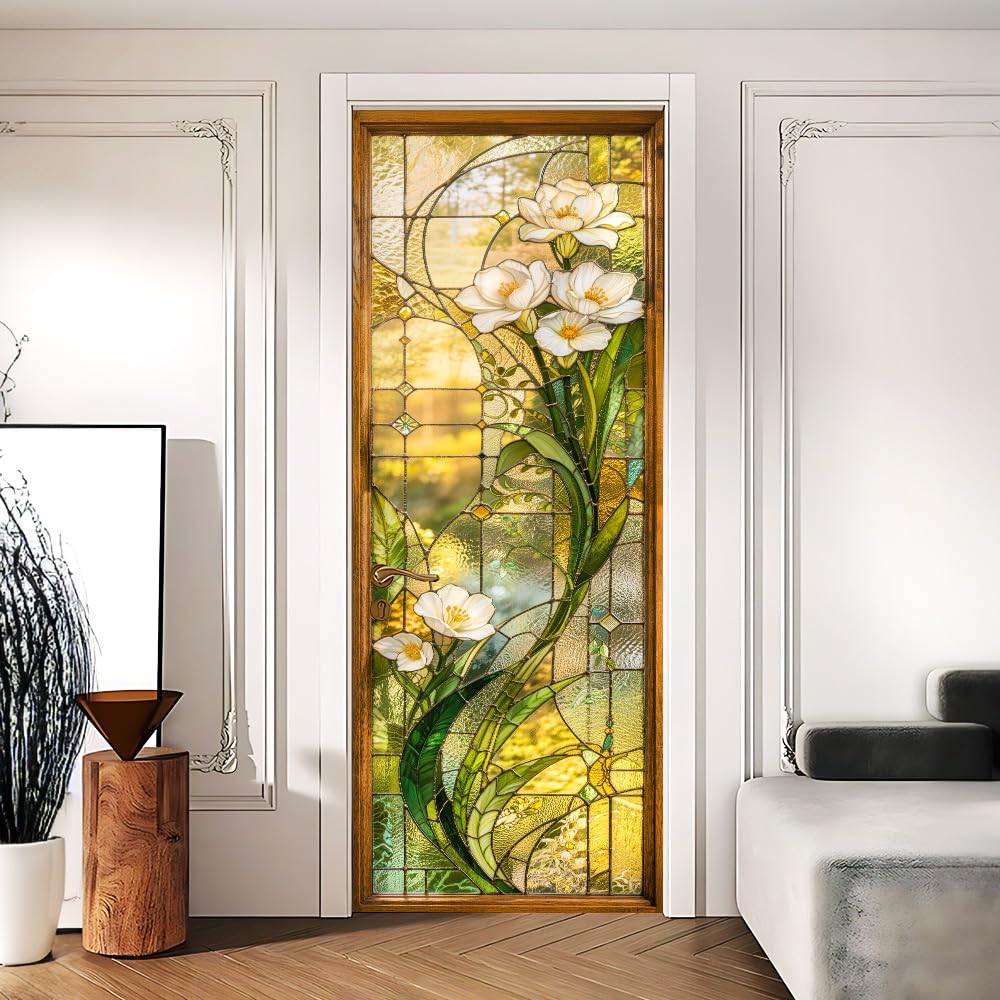 Stained Glass Floral Door Sticker Peel &amp; Stick Cover, 30.3x78.7in