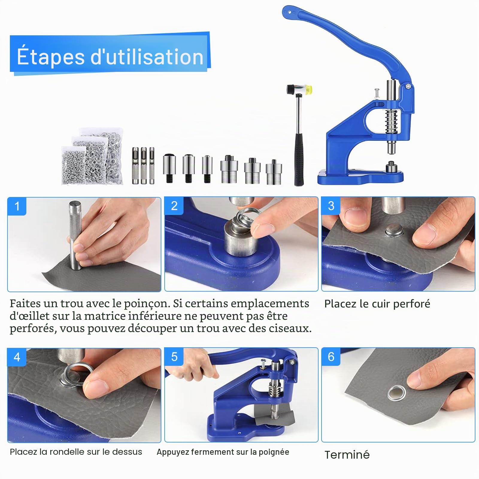 Topsky Kit de presse à œillets multifonction avec marteau : 3 jeux de tampons et 1500 œillets (6/10/12 mm) inclus - Parfait pour les œillets, les boutons-pression et plus encore - Votre solution