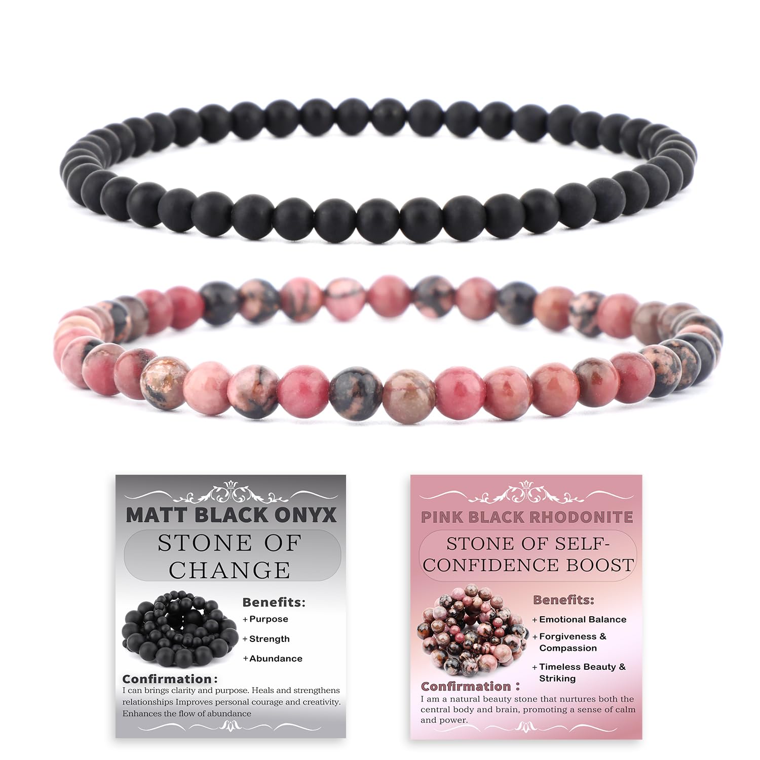 NCB Natural Crystal Gemstone Stretch Bracelets - Pink Black Rhodonite & Matte Black Agate (4mm Beads, 2-Pack) | Handmade Reiki Healing Jewelry - main product image