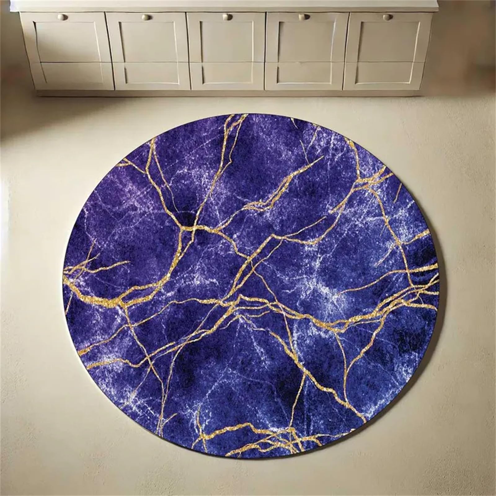 USHIRUG Marble Abstract Round Rug, 5ft Modern Purple Marble Texture With Gold Line Print, Soft Low-Pile Rugs, Non-Slip Washable, Carpet for Entrances and Offices, Stylish and Beautiful Circle Carpet