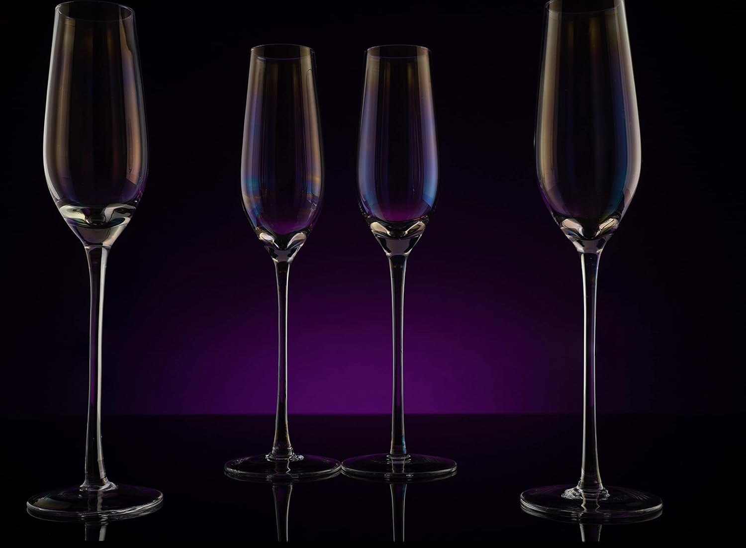 The Wine Savant Iridescent Glasses - Crystal Luster Radiance Set of 4 - Rainbow Colored Stemware Glassware, Durable Pearl Color Champagne Glasses, An Ethereal Shine (Tall Flutes)