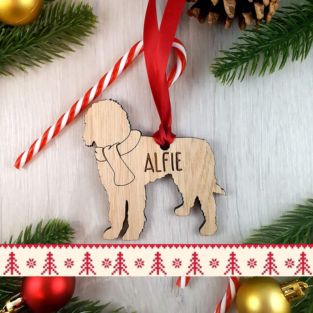 Personalised Barbet Dog Decoration Oak Wood Bauble - Christmas Tree gift Pet Xmas