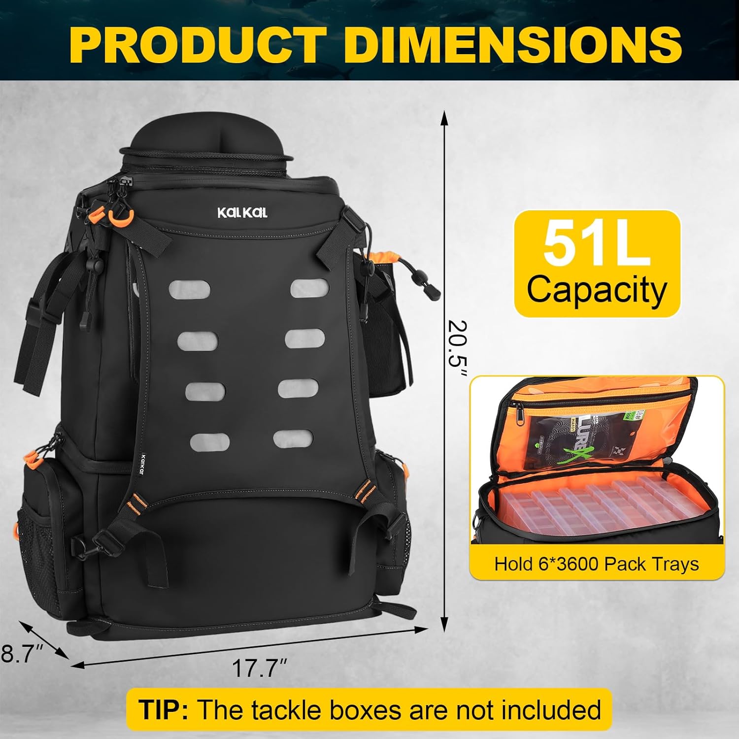 Kalkal Fishing Tackle Backpack, 51L Water-Resistant Fishing Backpack with Cooler & 4 Rod Holder, Sunglasses Pocket, Fishing Tackle Bag Storage Fishing Gear, Fishing Gifts for Men Father