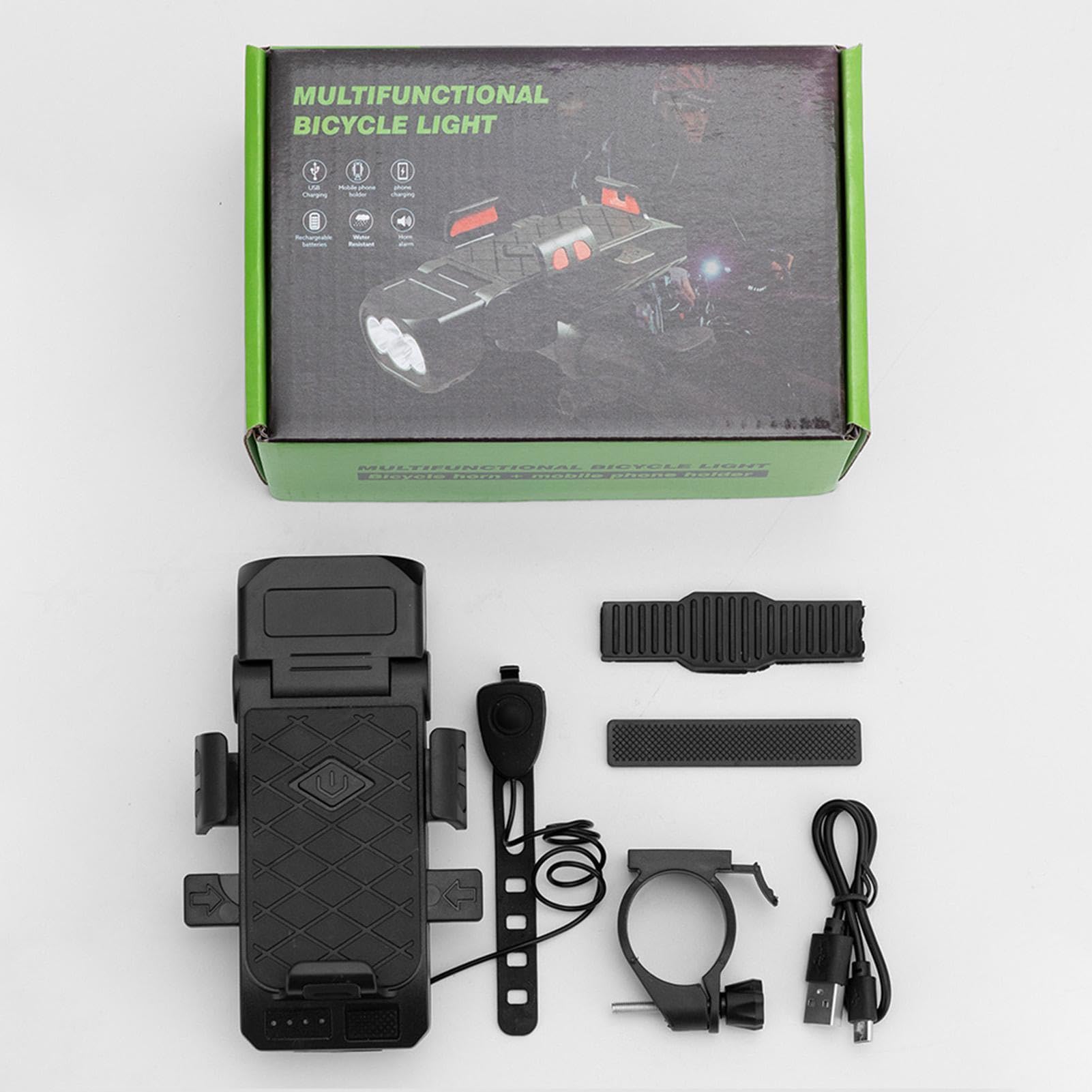 Luce anteriore per bici - Torcia a LED con Power Bank, set di luci per bicicletta 4 in 1 | Porta cellulare da bici impermeabile, clacson, luci anteriori e posteriori per ciclismo, ideale per uomini e