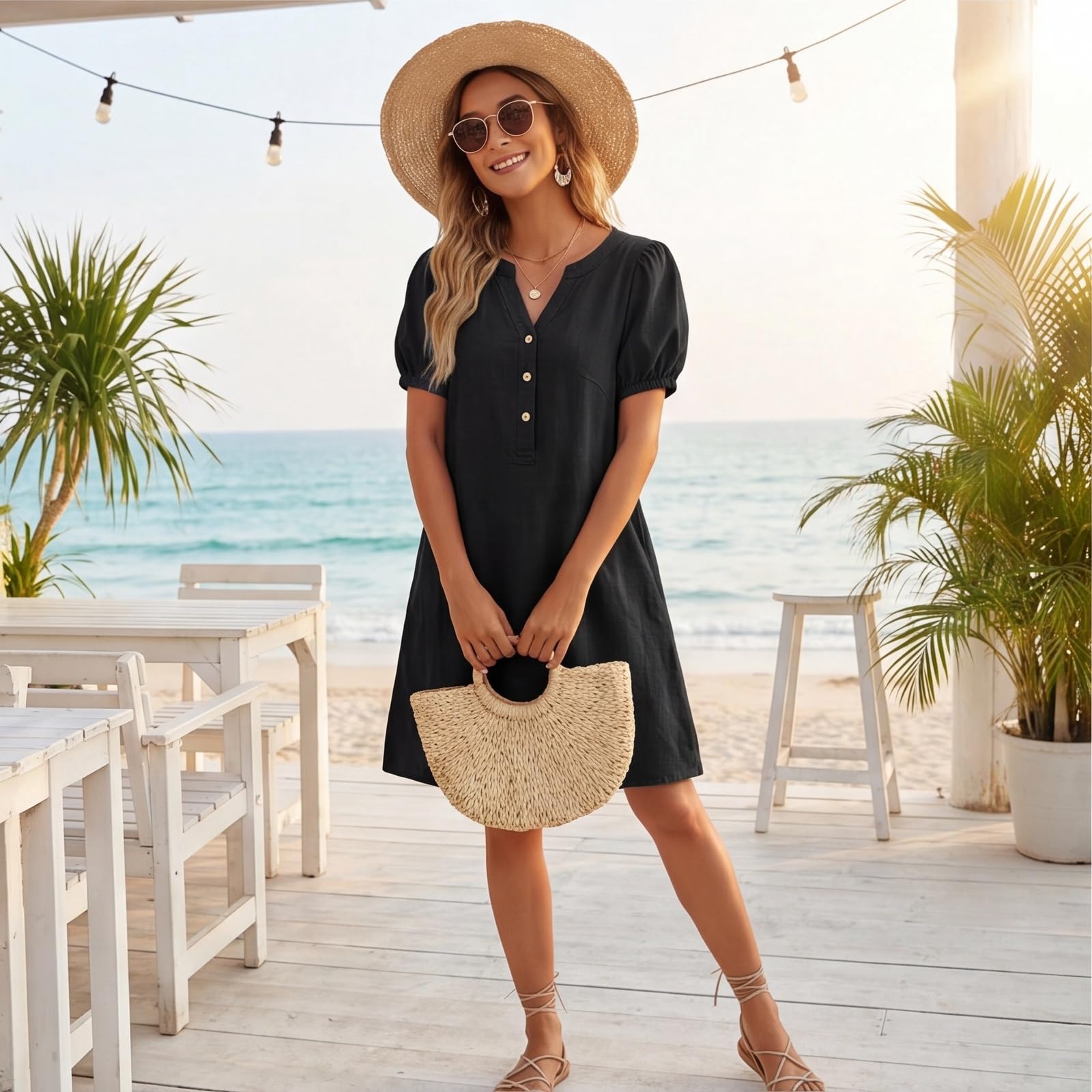 Robe midi Ample Femme col en V Demi-boutonnée Manches Bouffantes Courtes avec Poche latérale Style décontracté Chic pour Les Vacances
