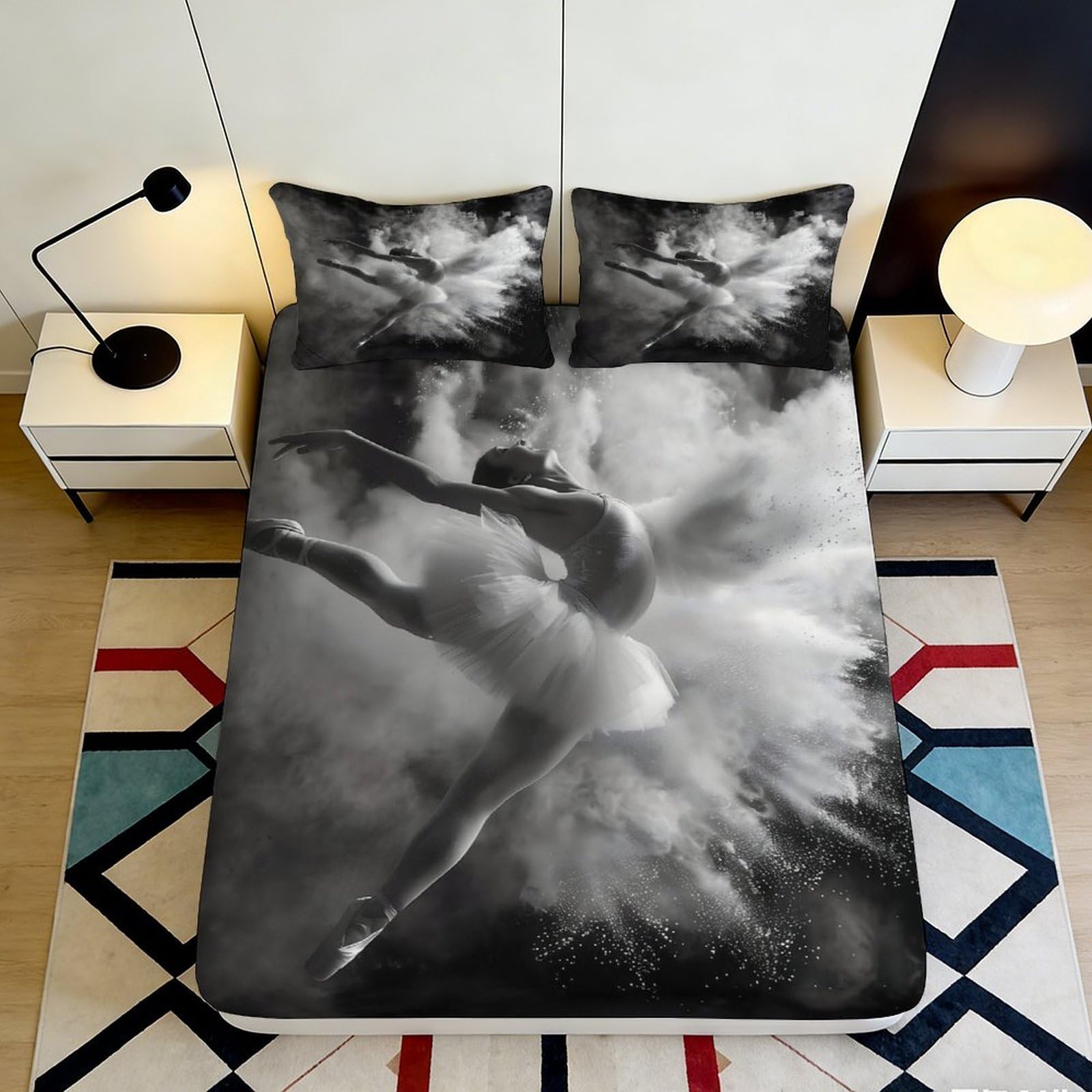 3D Printed Ballet Dancer Fitted Sheet Microfiber Black White Artistic Mattress Cover Bedroom Dorm Decor 90x200x25cm