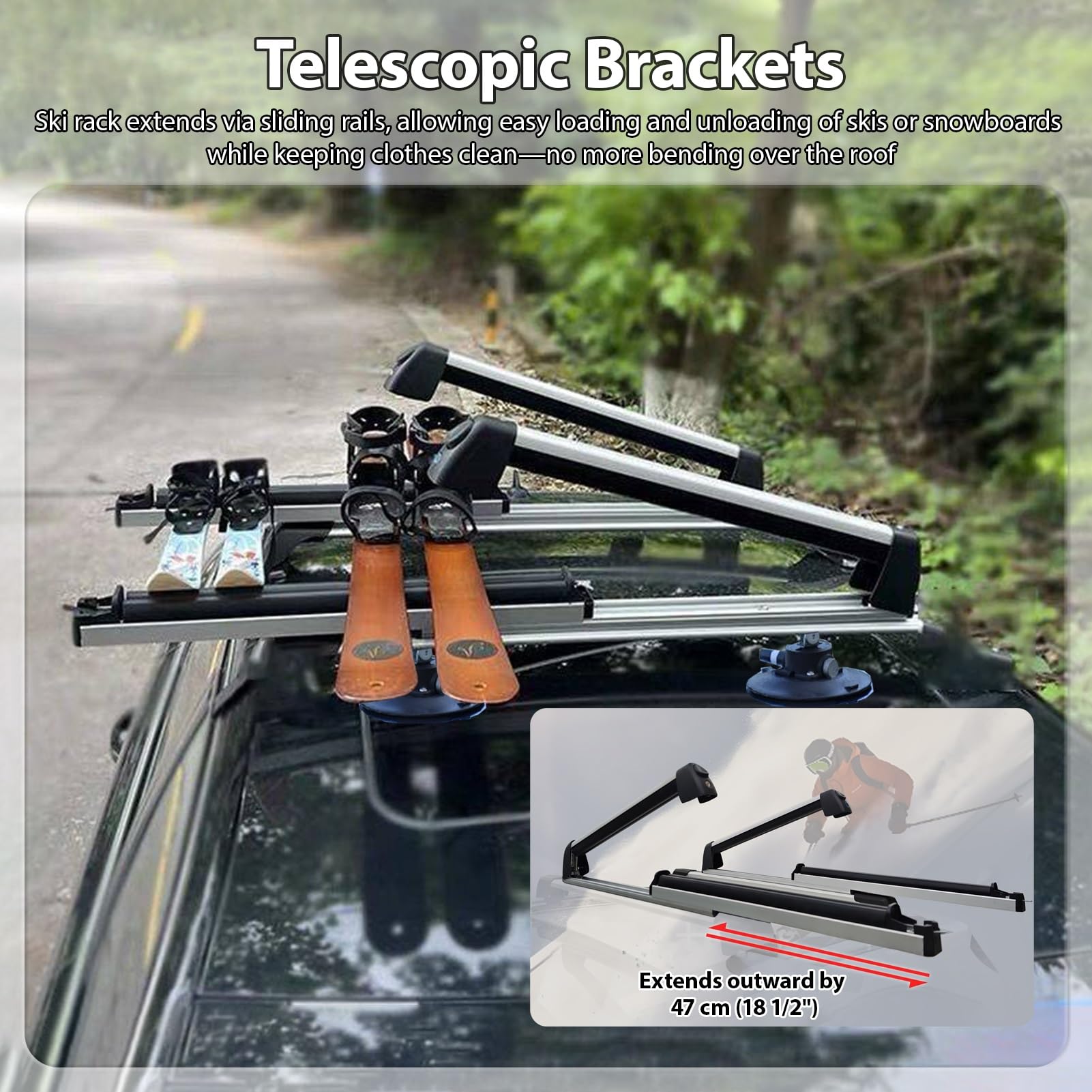 Portaesquis Portaesquís Telescópico sin Barras (2 Unidades) Almacenamiento Universal para Tablas de Snowboard, Surf y Esquís en El Techo, Porta Skis para Coche(Black)