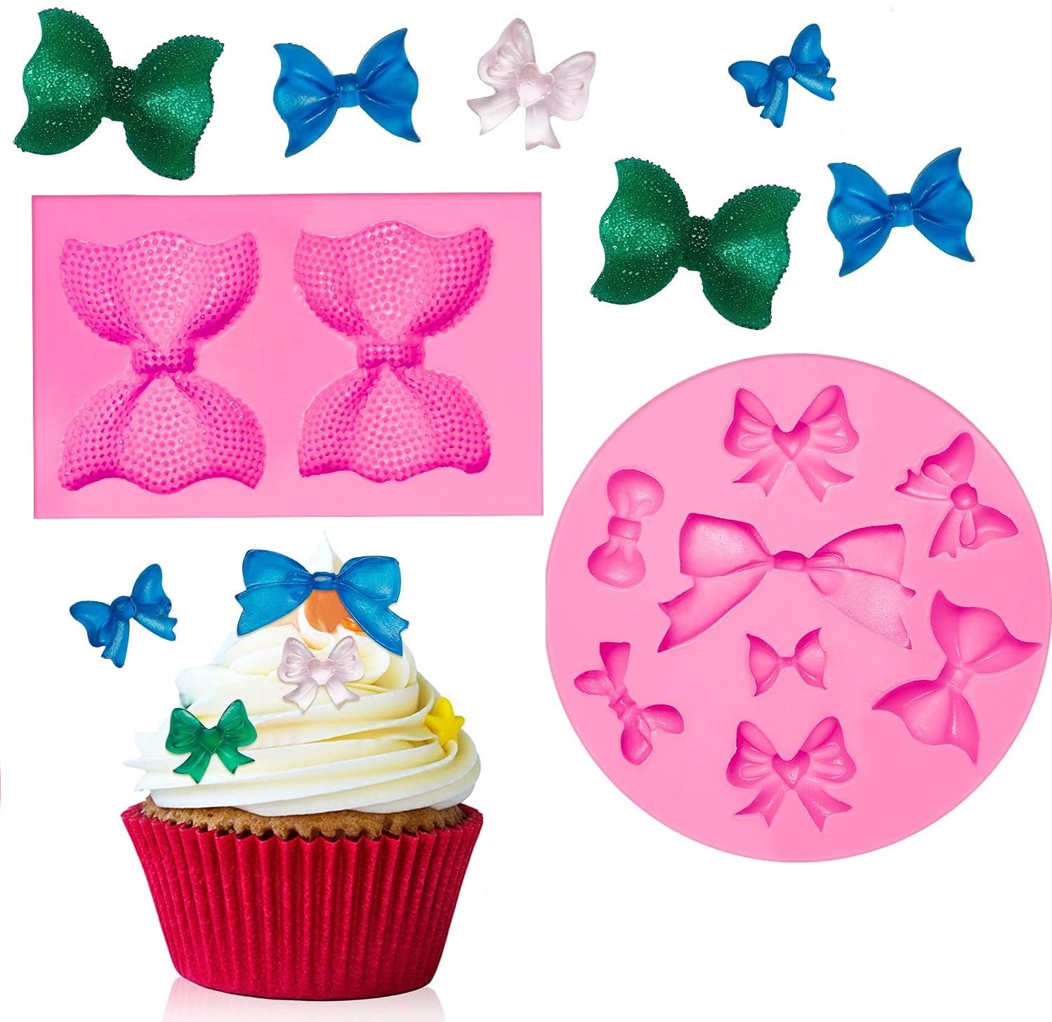 First Try 2 Type Bow Mold Silicone Fondant Molds Bowknot Fondant Chocolate Candy Molds Bow Sugar Craft DIY Cake Molds for Party Cake Cupcake Decoration (2 Mold Bow Style)