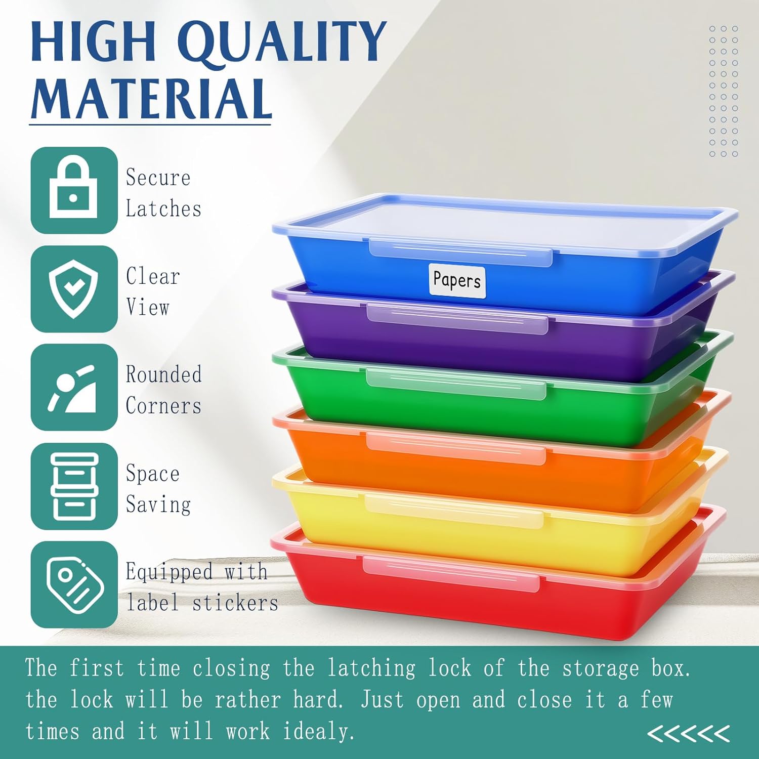 Tinlade 12 Pcs Paper Storage Bin with Clear Latching Lid, Label Colored Plastic Stackable Letter Size Flat Tray Container Classroom Home Office School Teacher Arts Crafts Sorting (Rainbow,13x10in)