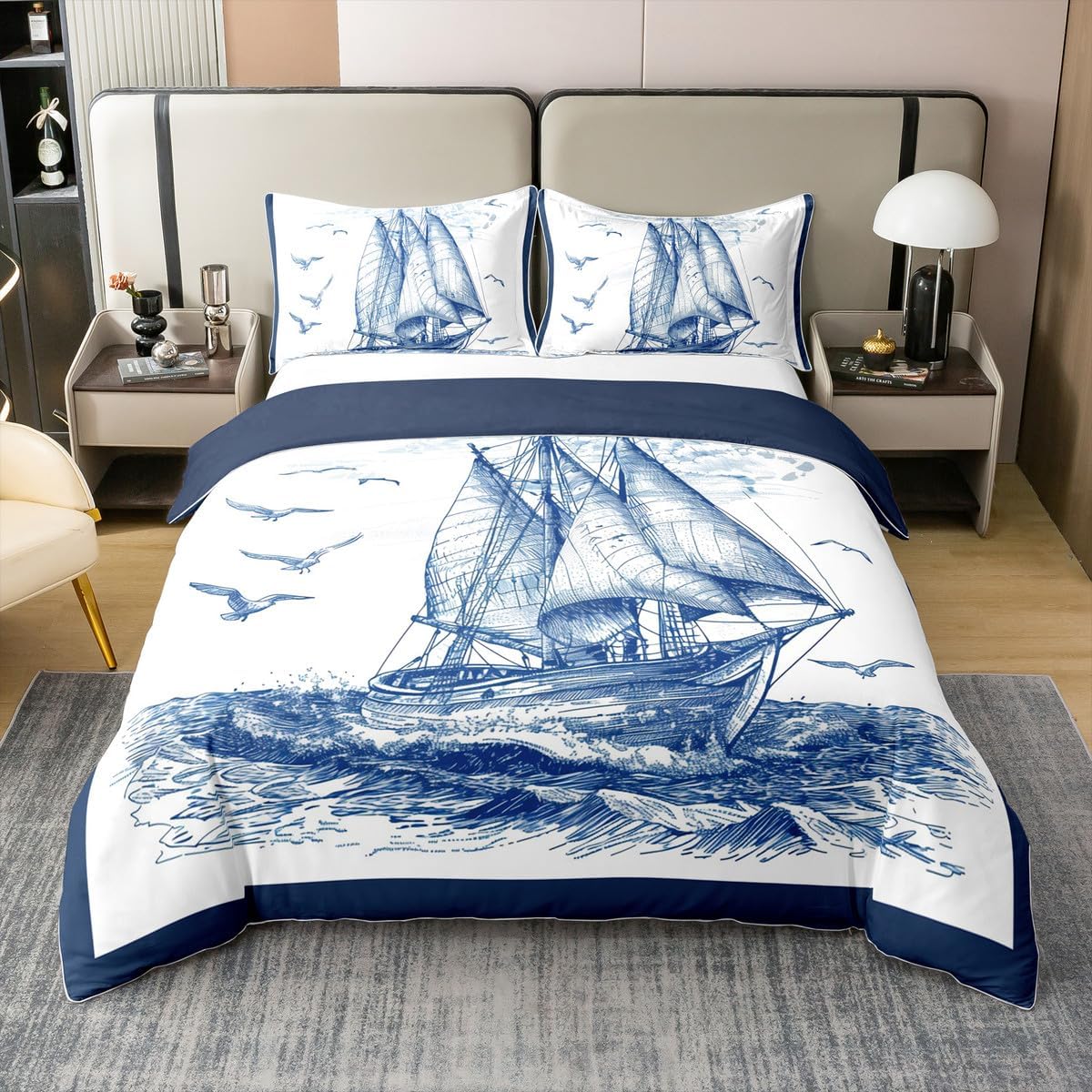 jejeloiu Ocean Boat Duvet Cover 100% Cotton Queen Size Navy Blue Bedding Set for Boys Girls Coastal Beach Comforter Cover Nautical Bedroom Decor 3Pcs Zipper Closure with 2 Pillowcases