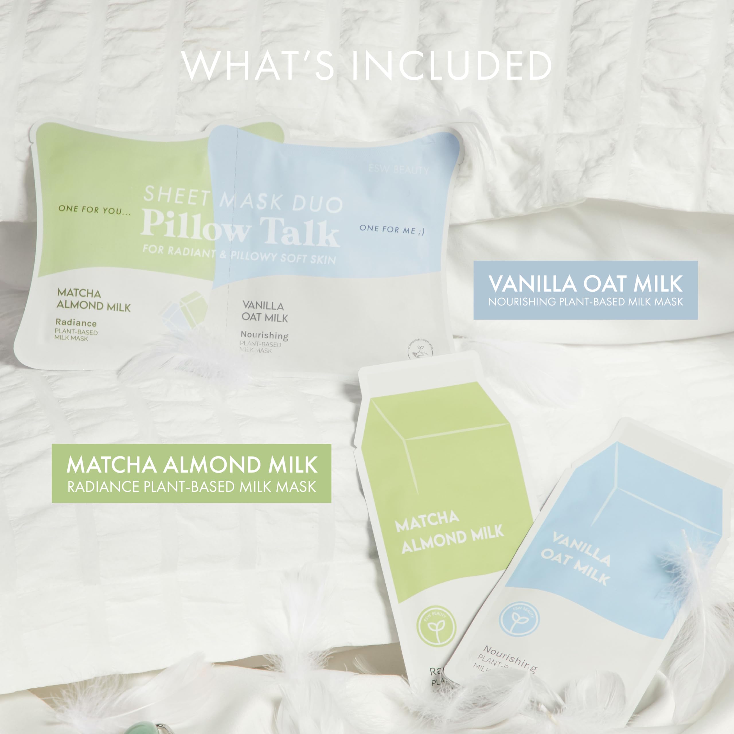 ESW Beauty Pillow Talk Face Mask Duo – Soothing & Nourishing Skincare Set – Includes Matcha Almond Milk & Vanilla Oat Milk – Vegan, Cruelty-Free, Clean Skincare for Radiant, Calm Skin