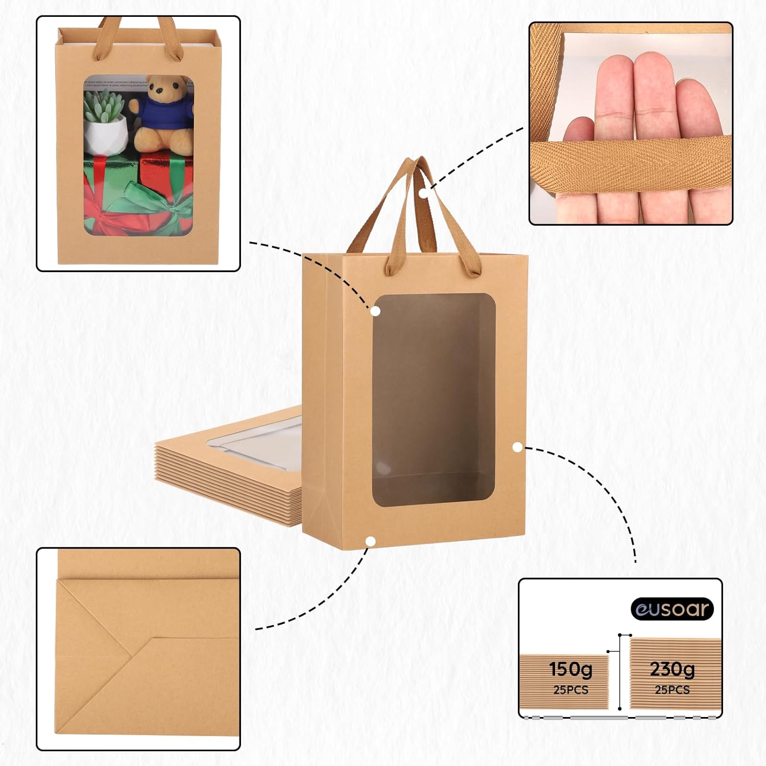 EUSOAR Thank You Shopping Bags, 25pcs 7.8"x3.9"x11" Kraft Clear Transparent Paper Gift Bags with Handles, Gift Treat Bags with Transparent Window for Wedding Bridal Party Favor Baby Shower