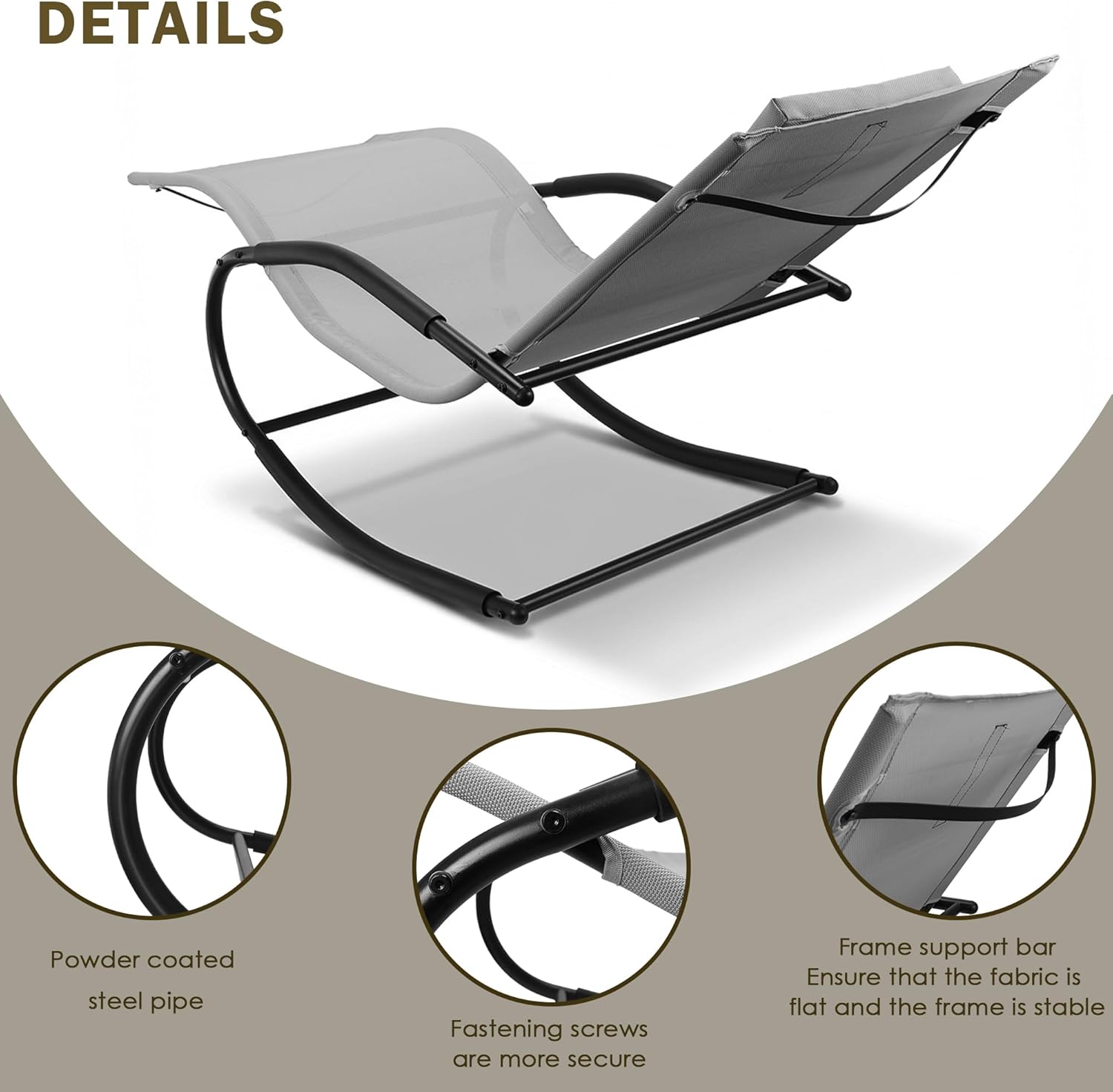 Zero Gravity Rocking Chair Lightweight Lounge Chair Recliner with Detachable Pillow for Patio, Lawn, Pool, Outdoor Home Furniture, Grey