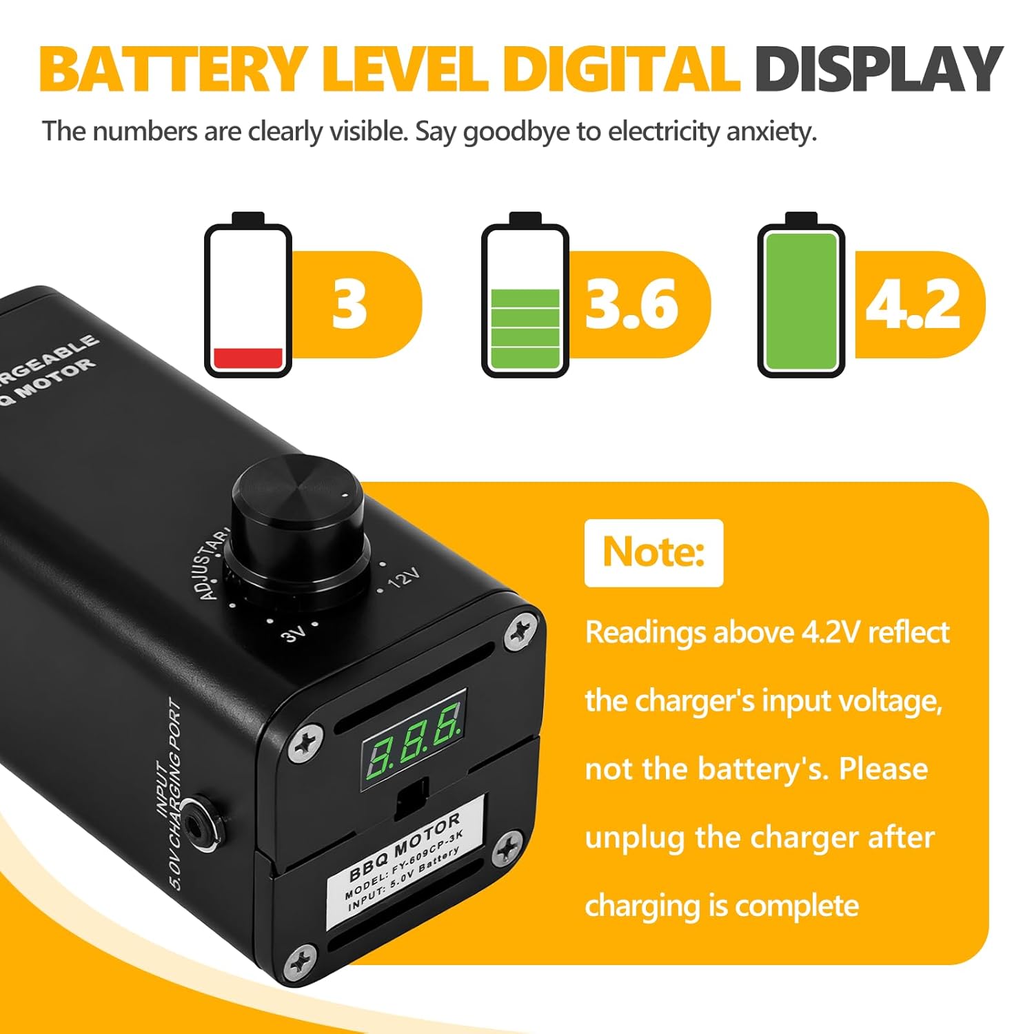 YJINGRUI 10W Variable Speed Rotisserie Spit Motor, 3-12V Universal Replacement Motor with Battery Level Display, Power Adapter and USB Cable, Roasting Fruits, Vegetables and Meats