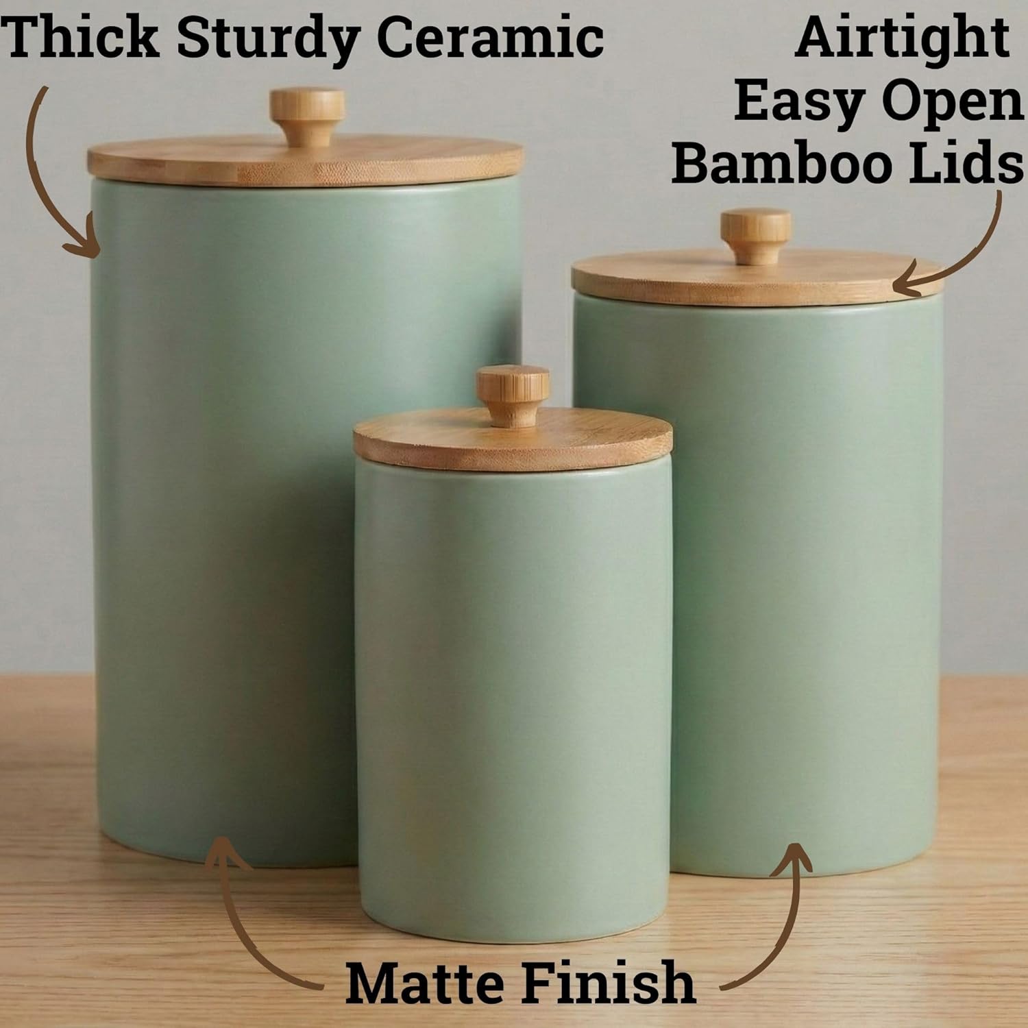 Ceramic Kitchen Canisters for Countertop Set of 3 with Airtight Bamboo Lids - Sage Kitchen Canisters with Airtight Lids - Flour Sugar Canister Set - Flour and Sugar Containers Farmhouse - Coffee Jar