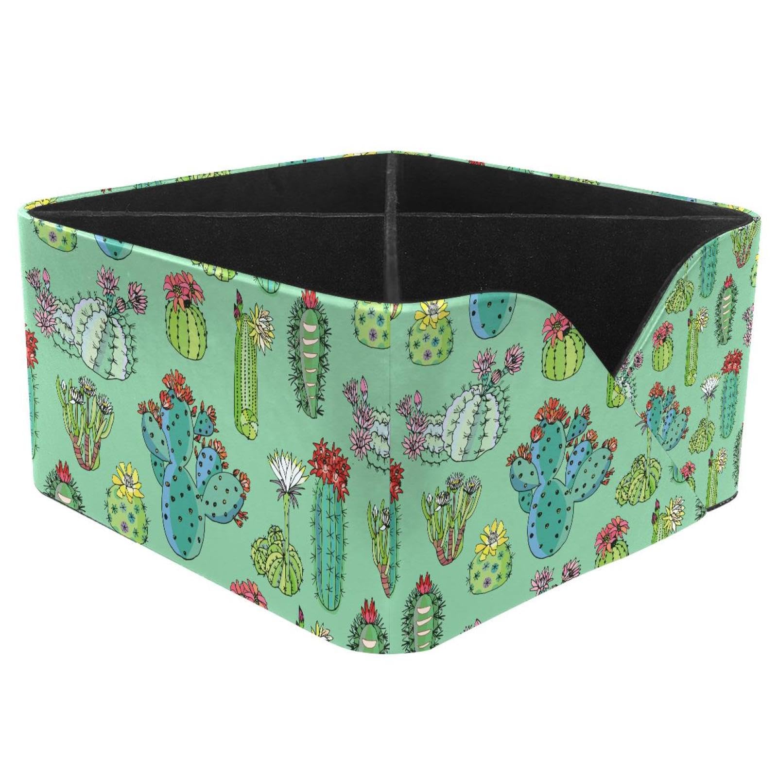 KengjuTesu Cacti with Flowers Green Floral Flowers Pattern Desktop Organizer Pen Holder, Rectangular Pencil Cup for Office, Study and Makeup Stations