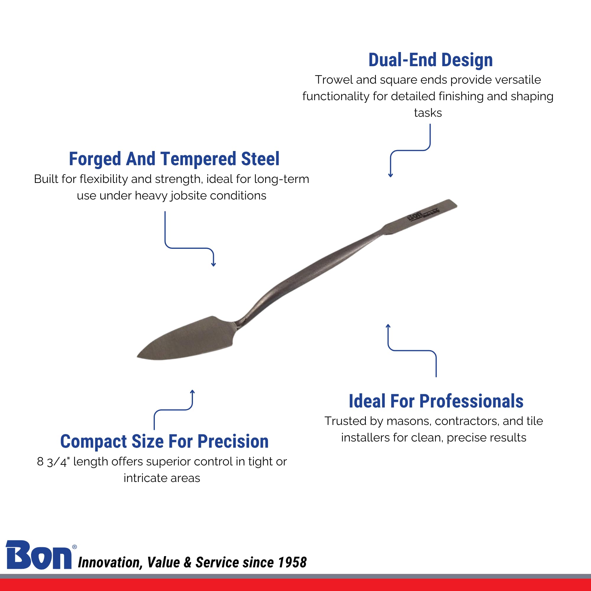 Bon 83-251 Pro Plus Italian Ornamental Trowel – 1/2-Inch Square & Trowel Combo, Forged Steel For Plastering, Drywall, And Detail Work