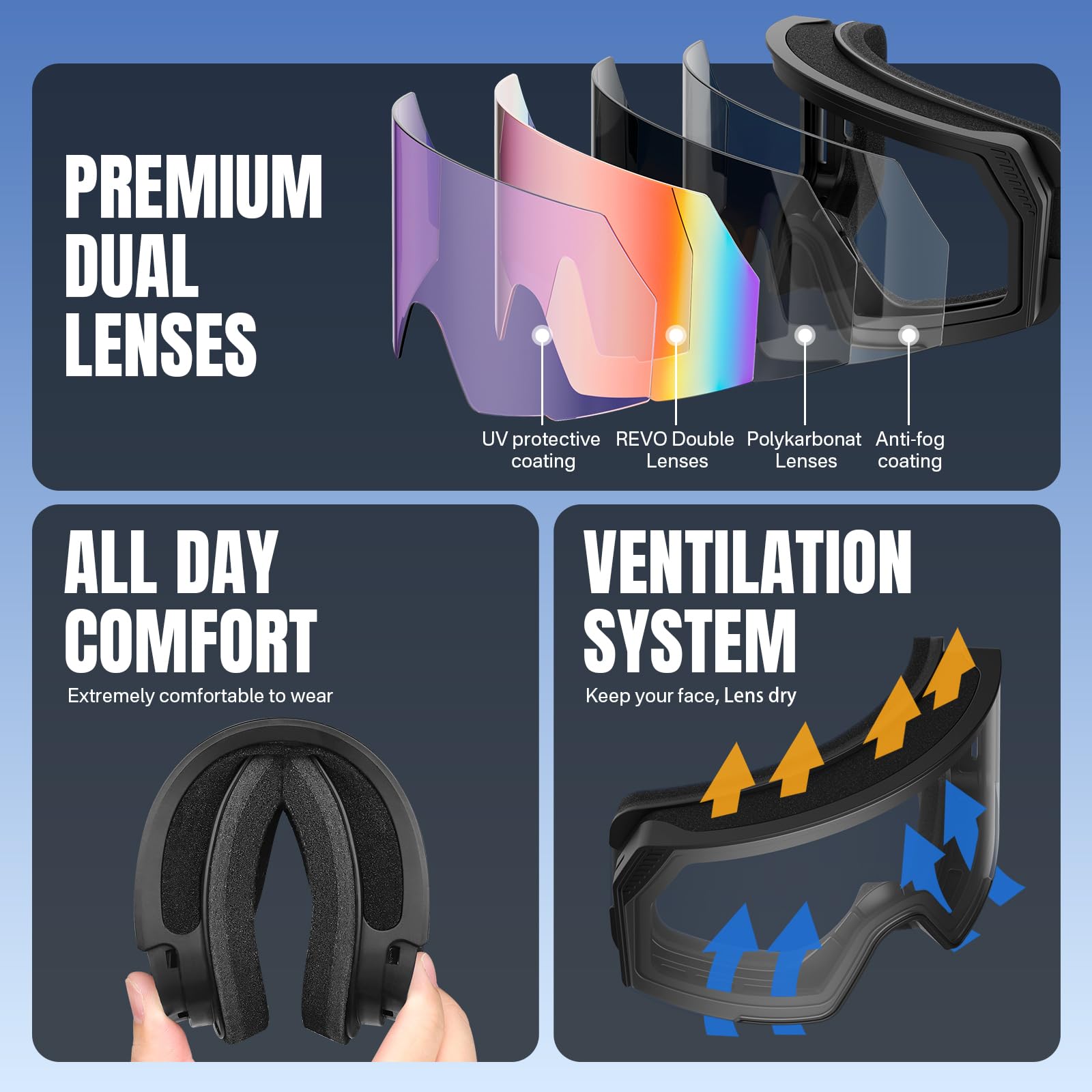 YOZISS Maschera da Sci uomo donna,OTG Maschera da Snowboard, Protezione UV400 Occhiali da Sci Snowboard, Occhiali da Motocross per ciclismo Equitazione Arrampicata Sci