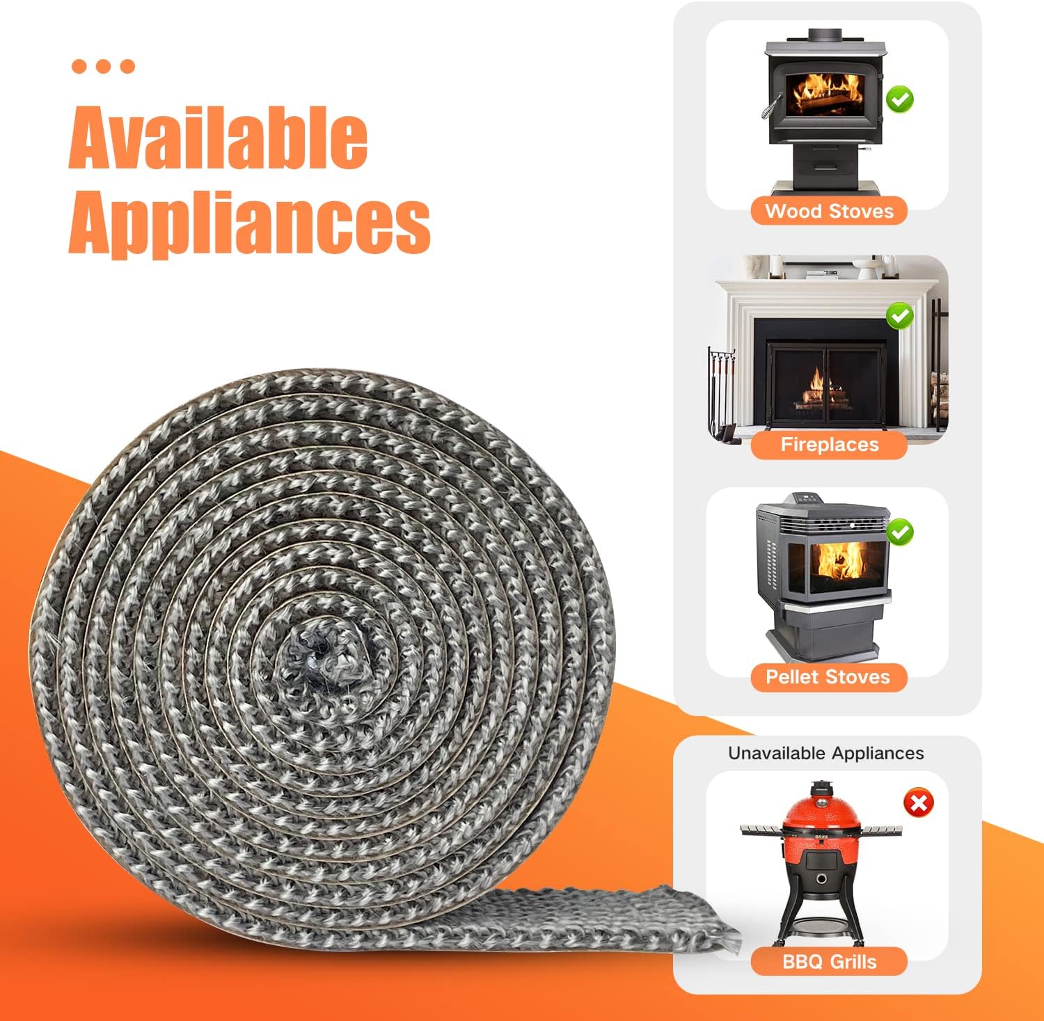 Stove Gasket Tape, Self Adhesive Flat Gasket for Woodstoves and Fireplaces, 1" Width 72" Length, High Temperature Resistant Fiberglass Gasket