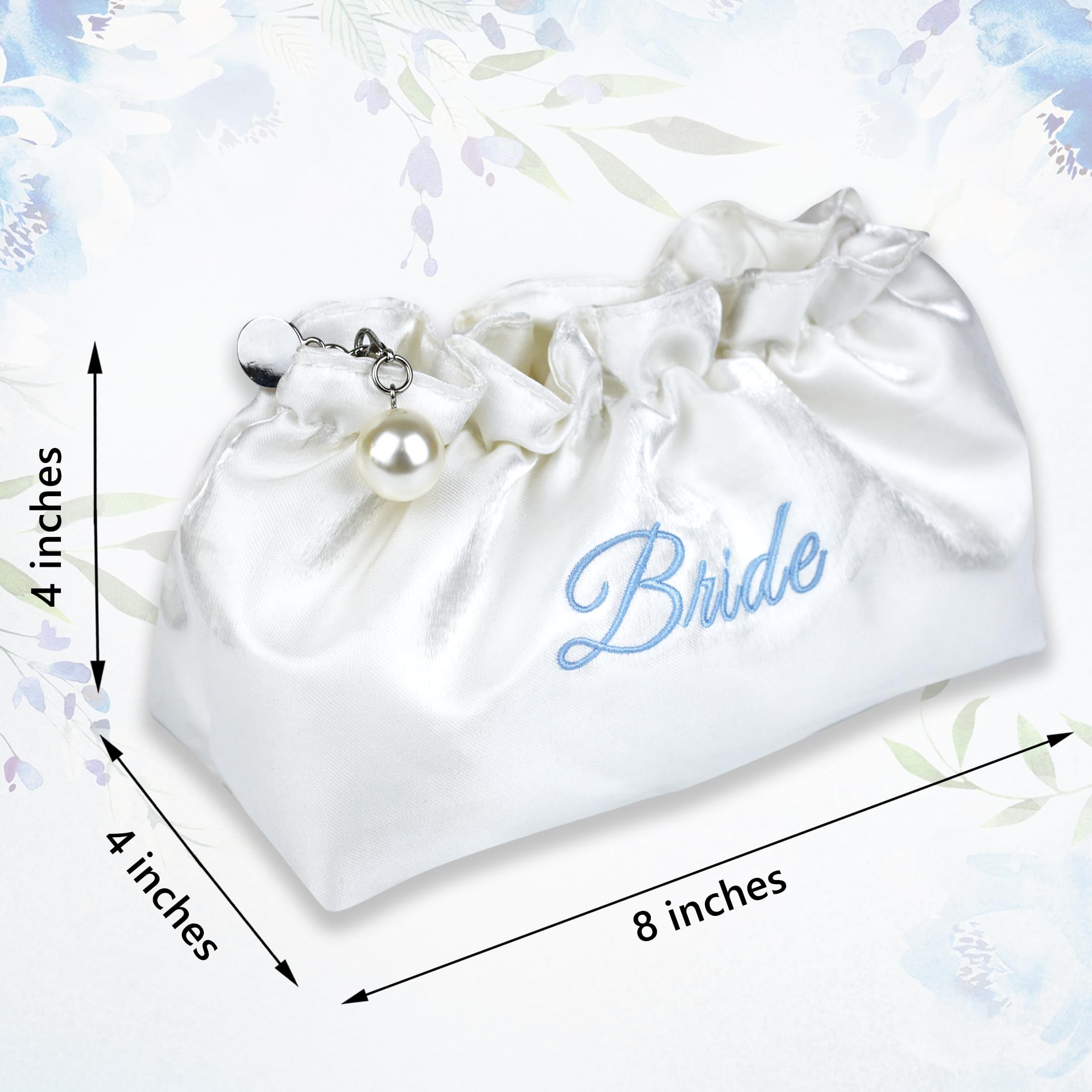 Embroidered Bride Cosmetic Bag| Creamy White Satin Something Blue Silk Makeup Bag Bling Pearl Bride To Be Purse for Bridal Shower Bachelorette Party Women Wedding Engagement Gift