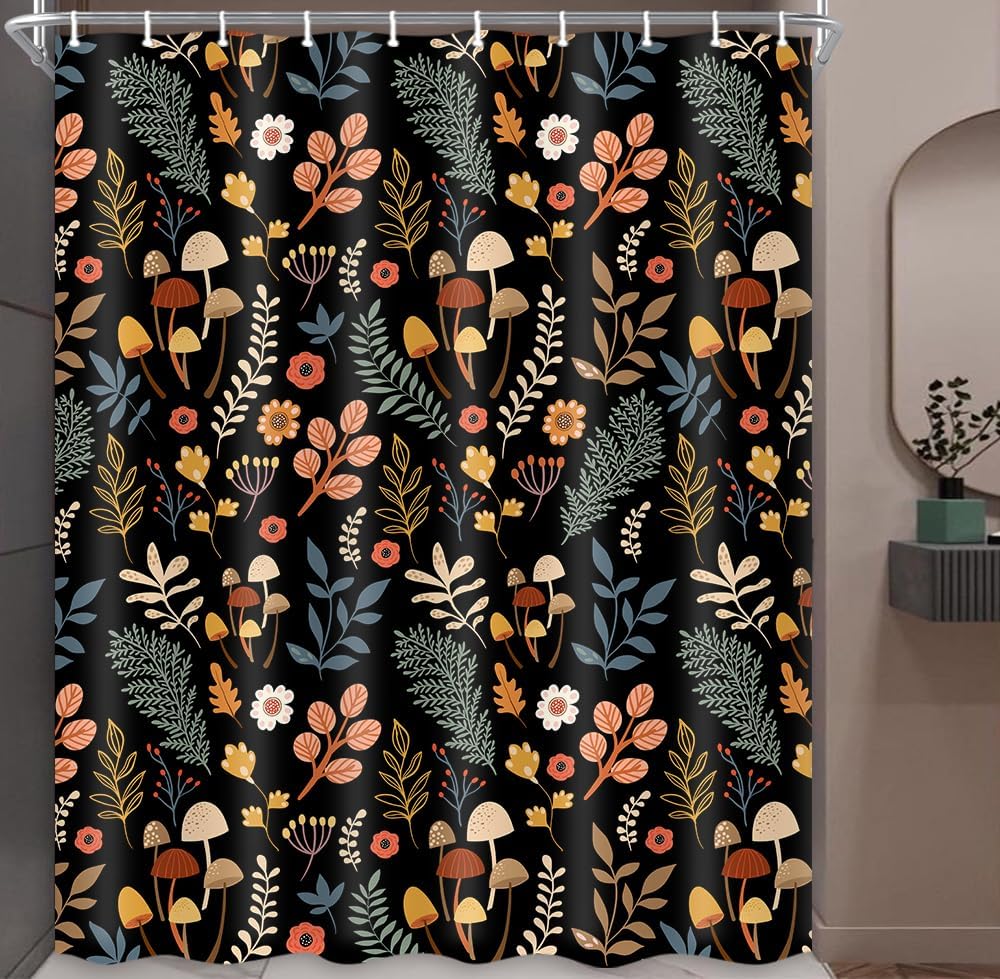 Boho Shower Curtains,Black Cute Floral Mushrooms Leaves Shower Curtain,Polyester Fabric Cloth Waterproof Decor Shower Curtain Set,71X84 Inch.