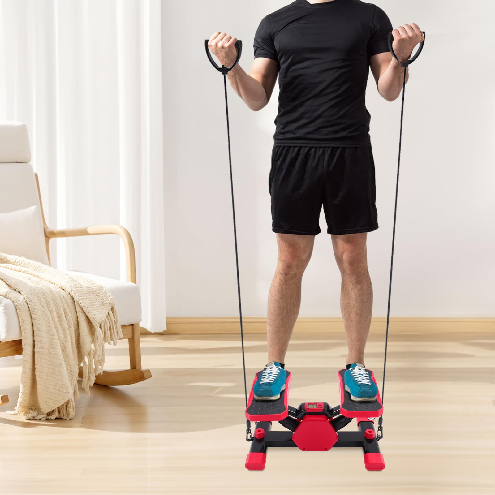 Mini stepper pour mouvements latéraux et verticaux, stepper portable avec corde de traction et écran LCD, appareil de fitness à domicile pour entraîner les fesses, les jambes, les cuisses et les bras