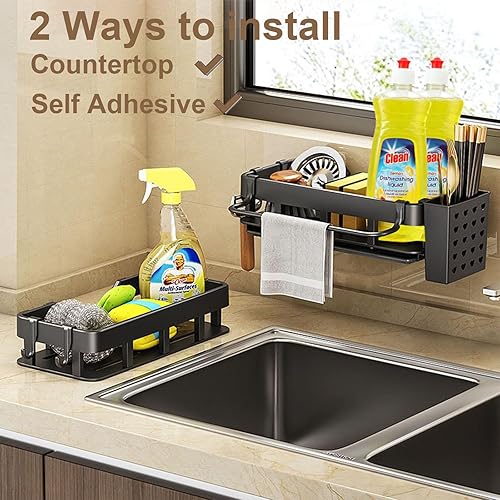 Miniatura 2 de TocTen Soporte de esponja 4 en 1 para fregadero de cocina, dispensador de jabonera a prueba de óxido, adhesivo o encimera, incluido organizador de