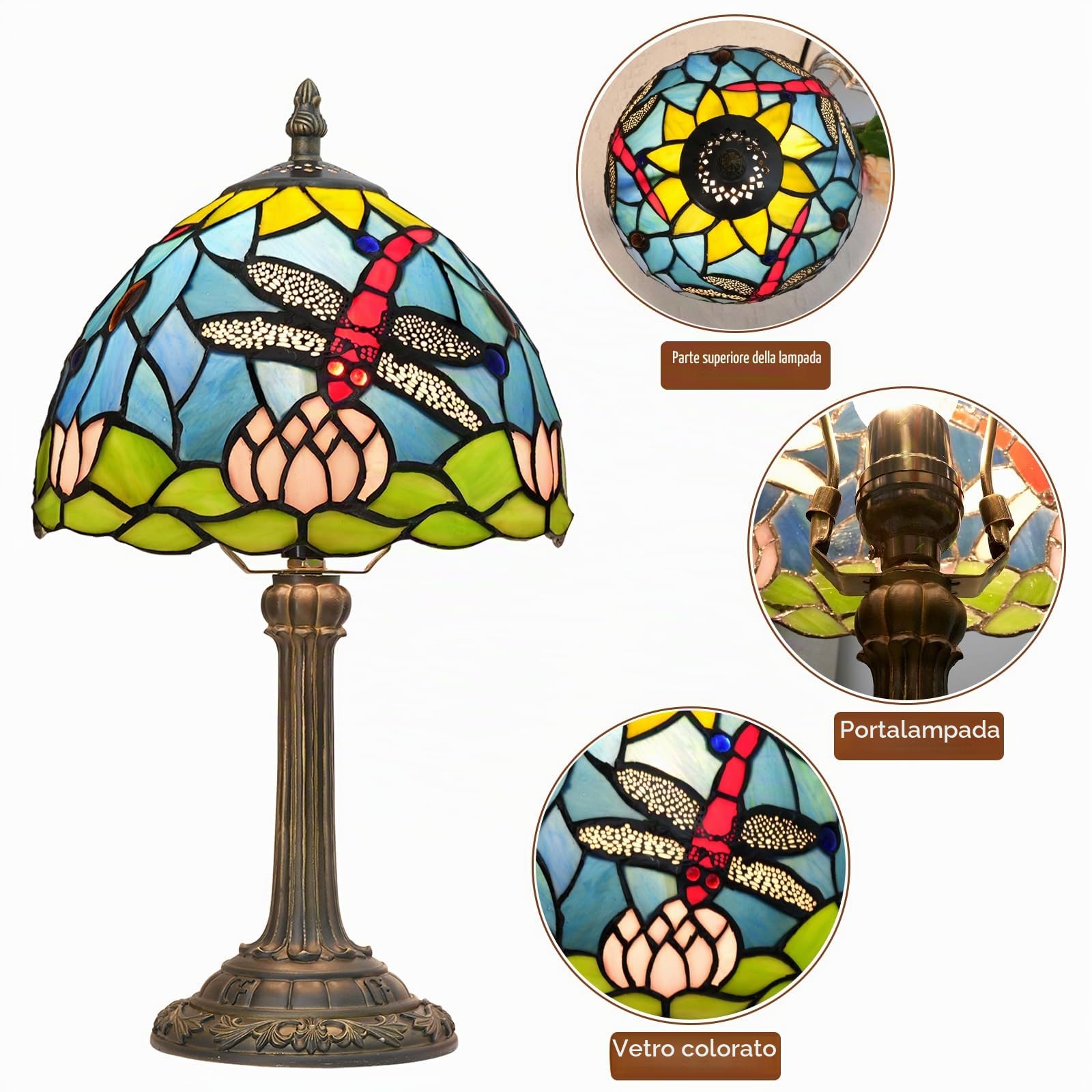 Lampada Tiffany di Vetro Colorato Fiore di Loto Dragonfly - Lampada da Tavolo per Soggiorno e Camera da Letto - Comodino Blu Piccolo - Luce Notturna Carina per Bambini