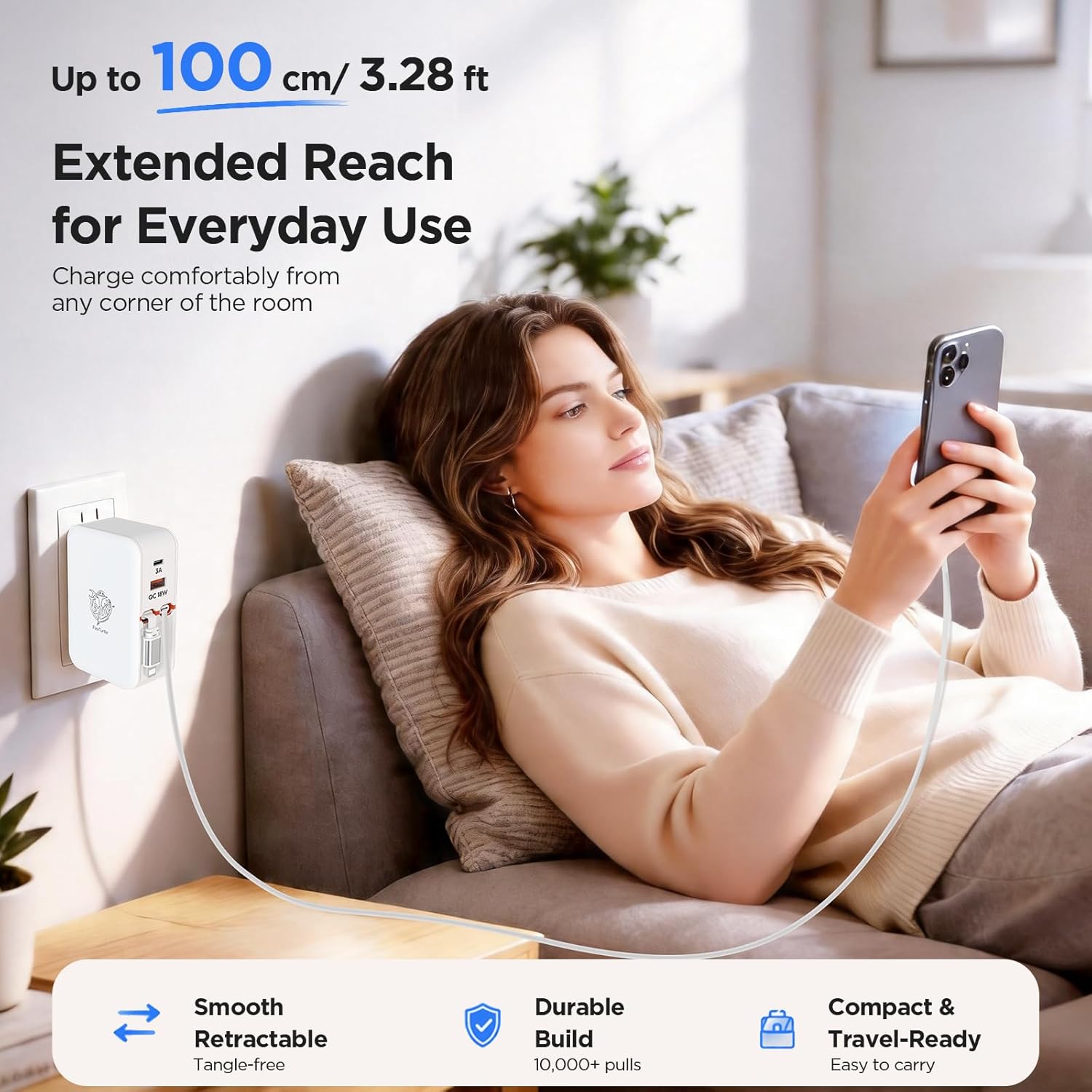 Ultra-Compact 4-in-1 Retractable Wall Charger, Travel Charger with Built-in USB-C Cable & Charging Cable for Older iPhones, 35W Fast Charger for iPhone 17/16/15/14/13/12, iPad, Galaxy