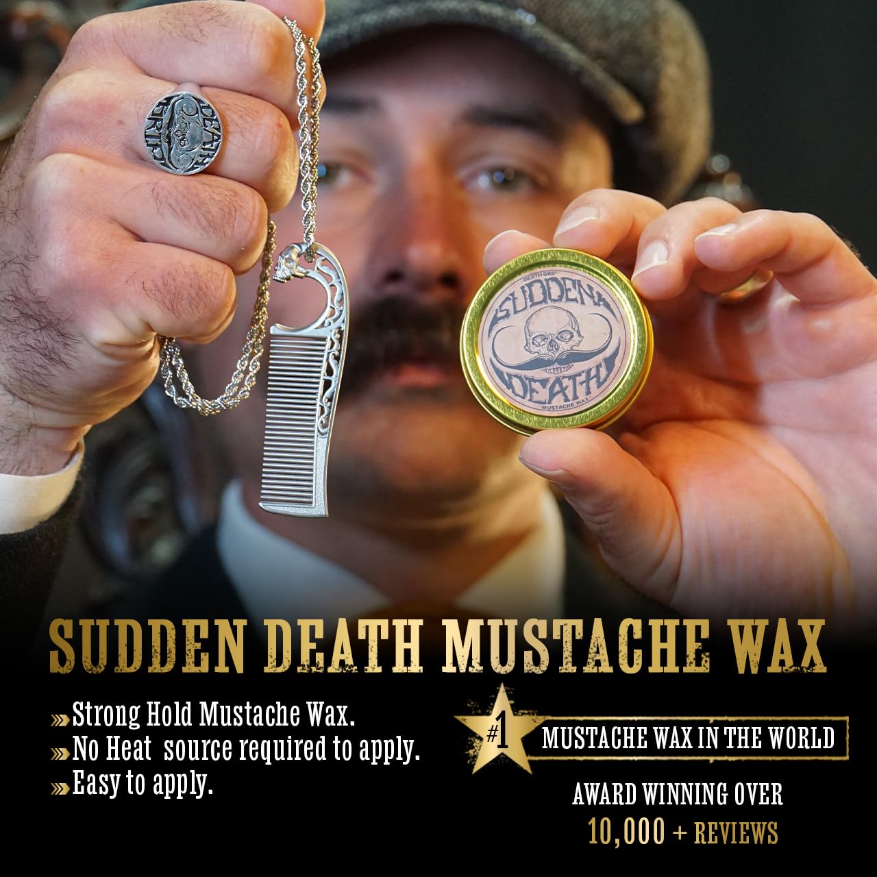 Mustache Wax Strong Hold Sudden Death 1 oz Tin & Necklace Death Grip Mustache Comb Mens Combo Kit - Grooming For Men Handlebar Moustache