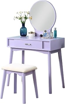 Roundhill Furniture Maly Contemporary Wood Vanity and Stool Set, Purple
