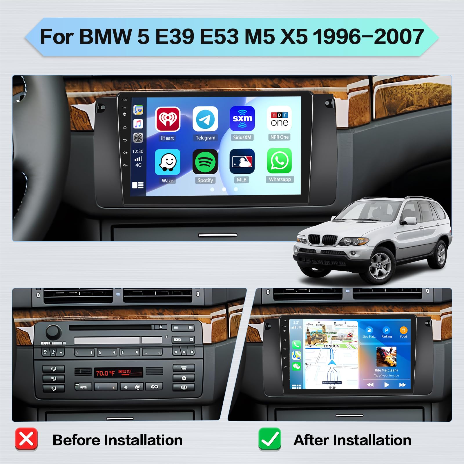 Hikity [4 64GB] Android 15 Autoradio, pour BMW E39 E53 M5 X5 1996-2007 Radio, CarPlay Android Auto sans Fil, Voiture Écran Tactile 9 Pouces, GPS/WiFi/Mirror Link/Bluetooth/Hi-FI AHD Caméra de Recul
