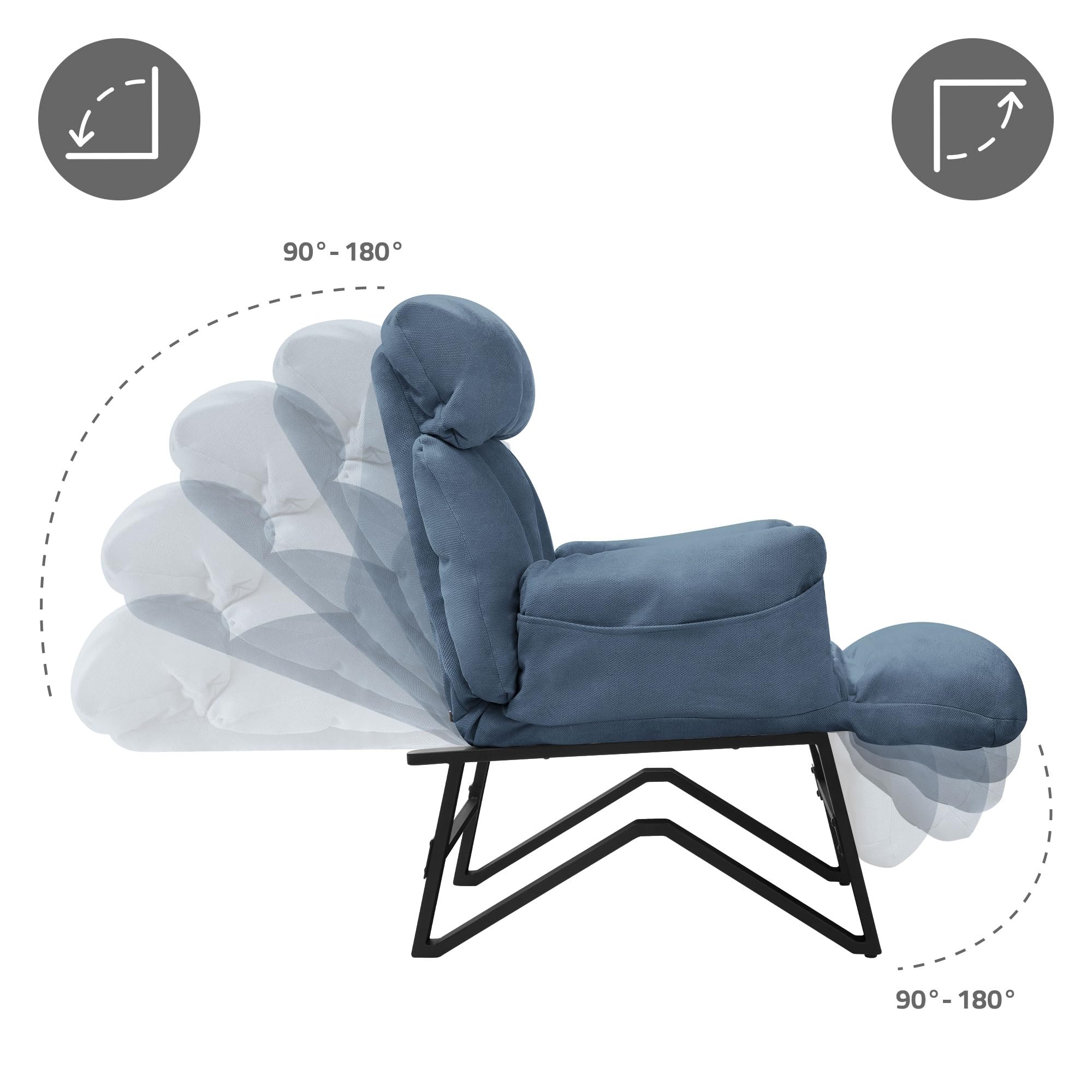 ML-Design Poltrona Reclinabile Blu Rivestimento in Lino, con Schienale Regolabile, Braccioli, Poggiapiedi e Tasche Laterali, Poltroncina Relax da Lettura, Sedia Lounge Imbottita per Soggiorno