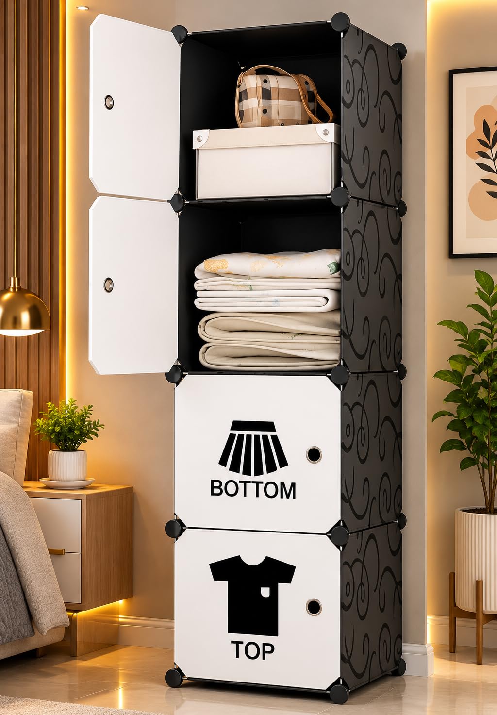 EXVITO 4 Door Kids Plastic Wardrobe for Clothes, Foldable Plastic Almirah for Clothes, Collapsible Wardrobe for Storage, Baby Cupboard for Clothes, Storage Rack for Kids - Black-image-11
