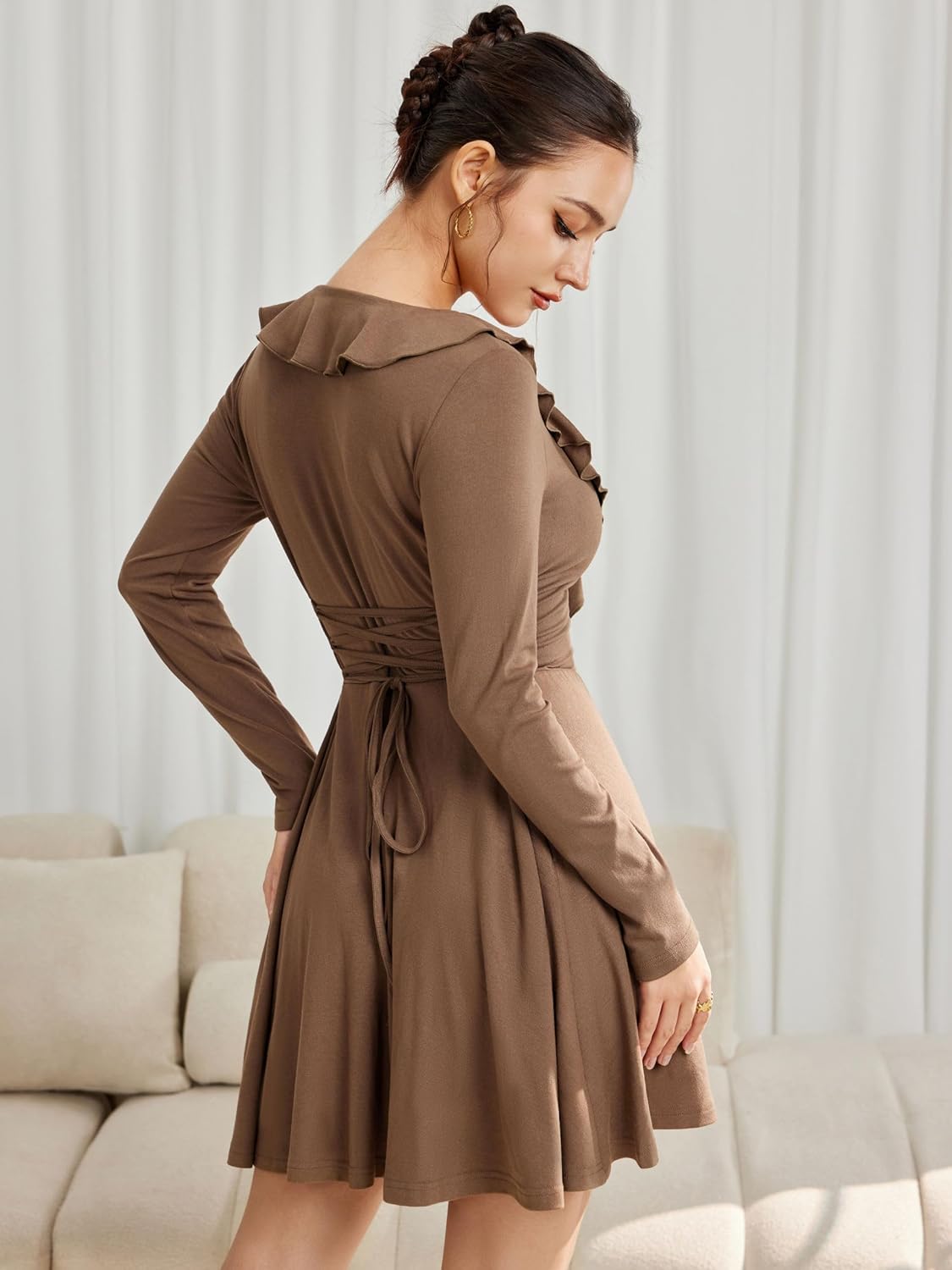 CIDER Mini Dress for Women Long Sleeve Ruffle V Neck Tie Back Casual Vacation Short Dress with Pockets - Image 5