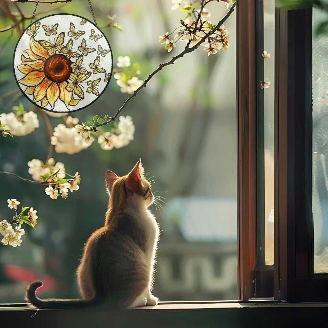 Sunflower Suncatcher Butterfly Stained Glass Suncatchers 7.87 Inch Stained Glass Ornament for Home Decor Indoor Wall Art for Mother Women Friends - Image 5