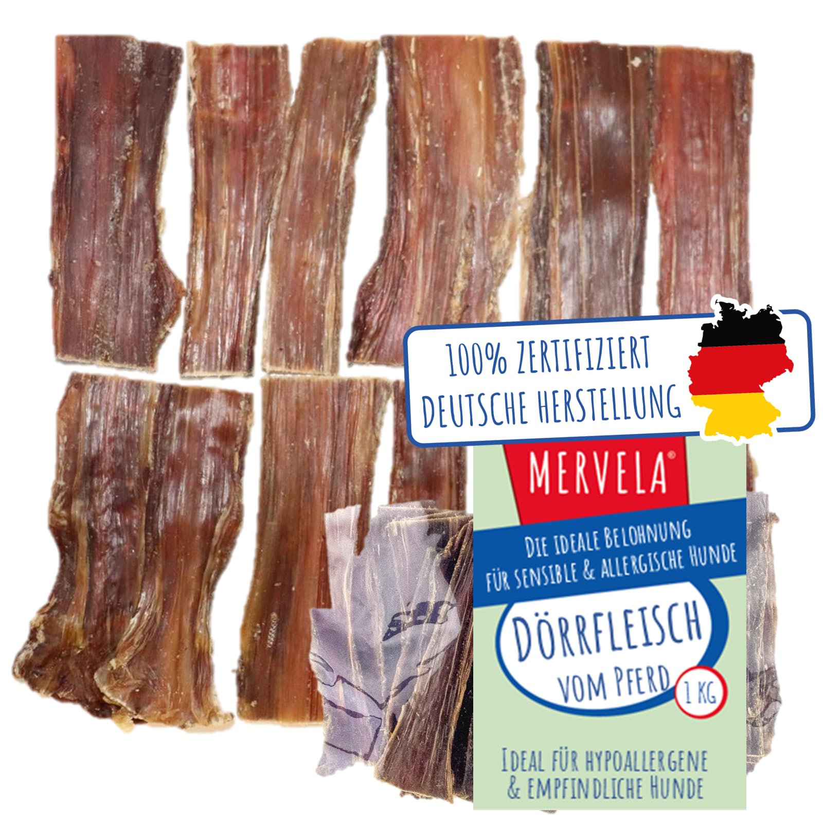 Viande séchée naturelle pour chien | Hypoallergénique | 100 % cheval | Séchée à l'air doux | Sans céréales | Friandise à mâcher de qualité supérieure en provenance d'Allemagne | 1 kg