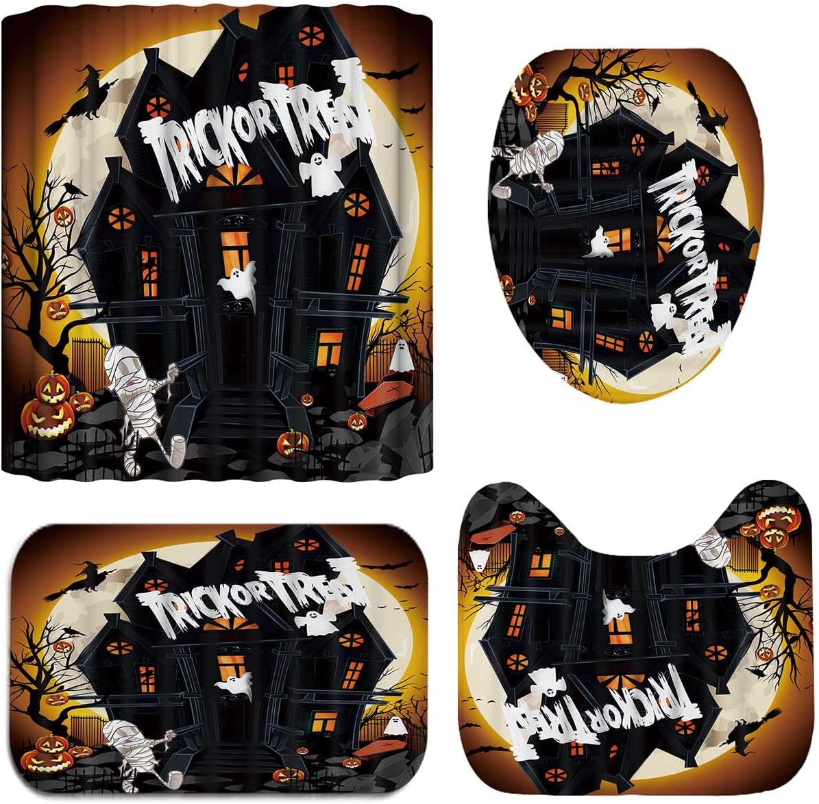 Halloween Shower Curtain Sets with Non-Slip Rugs, Toilet Lid Cover and Bath Mat, Haunted House Pumpkin Shower Curtains with 12 Hooks, Waterproof Bathroom Decor Sets with Curtain and Rugs