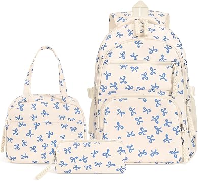 TIAASTAP Aesthetic School Bag for Girls Cute Backpack Sets Preppy School Backpack Kawaii Girls Rucksack for Teenage Secondary Primary Middle School A02 Bow Blue