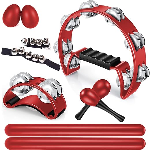 8 Pcs Tambourines for Adults, Hand Held Half Moon Tambourine Foot with Bells Wood Rhythm Sticks Egg Shakers Musical Hand Percussion Instrument Set for Church KTV School Party Music Supplies