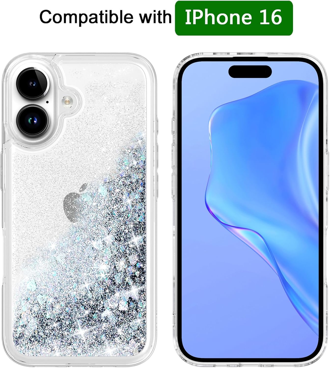 for iPhone 16 Case, Clear Design Bling Flowing Liquid Floating Sparkle Colorful Glitter Waterfall TPU Protective Phone Case, Silver - Image 3