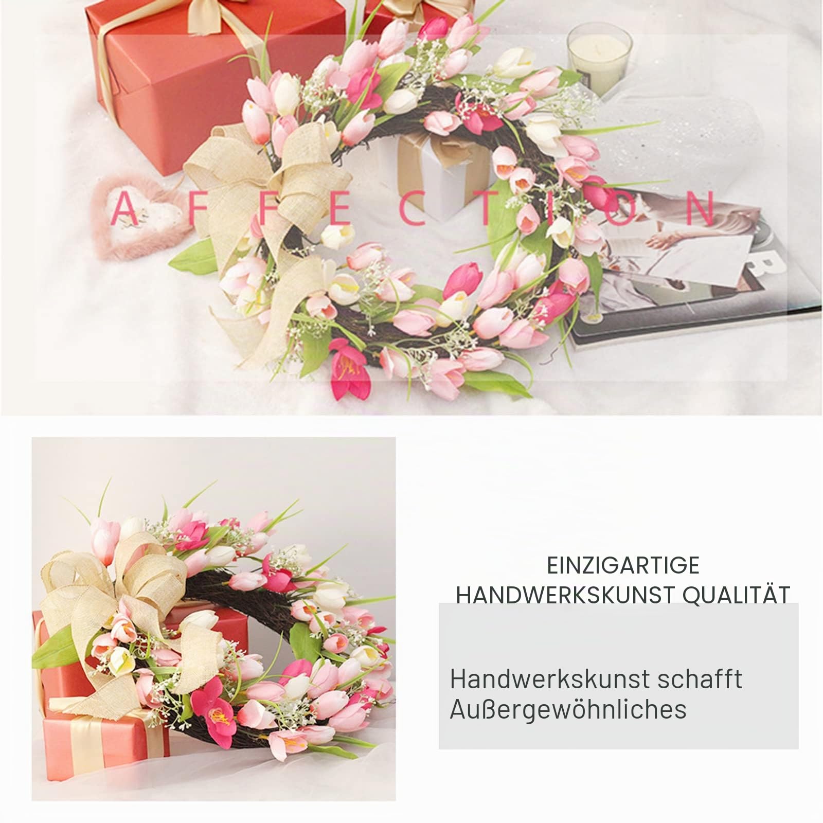 Tulpenblumenkranz für Haustür, 45 cm, rosa Seidenblumenkranz mit Tulpen und grünen Blättern, Juteschleife, Frühlingskranz für Hochzeit, Fenster, Wand, Heimdekoration