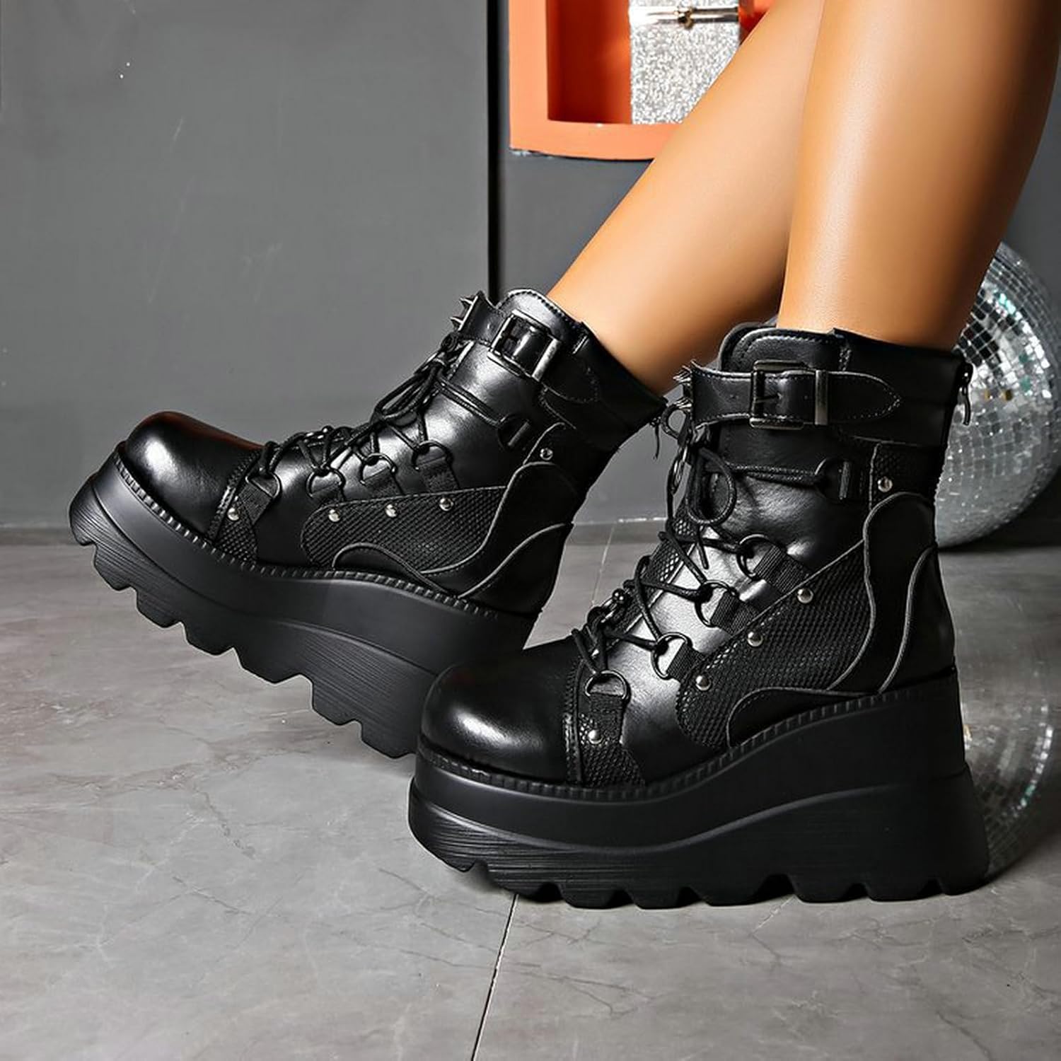 Meefit Women Goth platform Boots Wedge High Heel Lace Up Ankle Boots Round Toe Combat Booties Motorcycle Boot