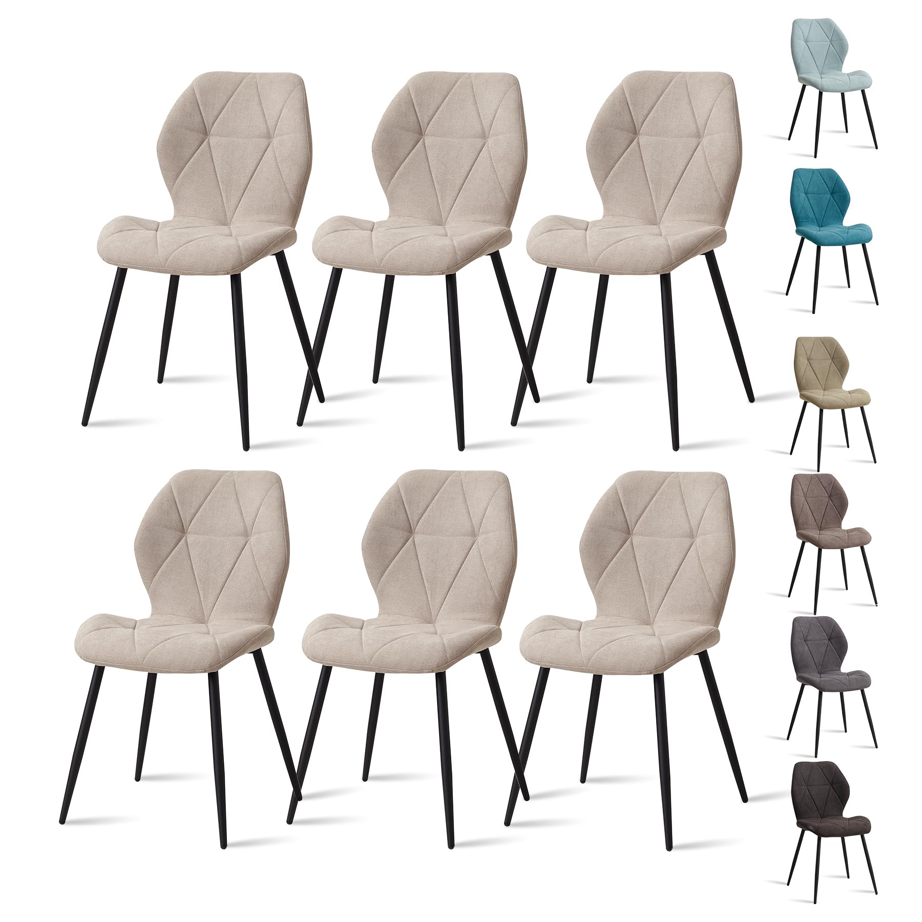 Juego de 6 Silla de Comedor, Silla de Cocina de Tela de Lino con Enrejado, Silla Tapizada Rellena de Esponja de Rebote de Alta Densidad, Adecuada para Comedor, Cocina, Sala de Estar - Beige