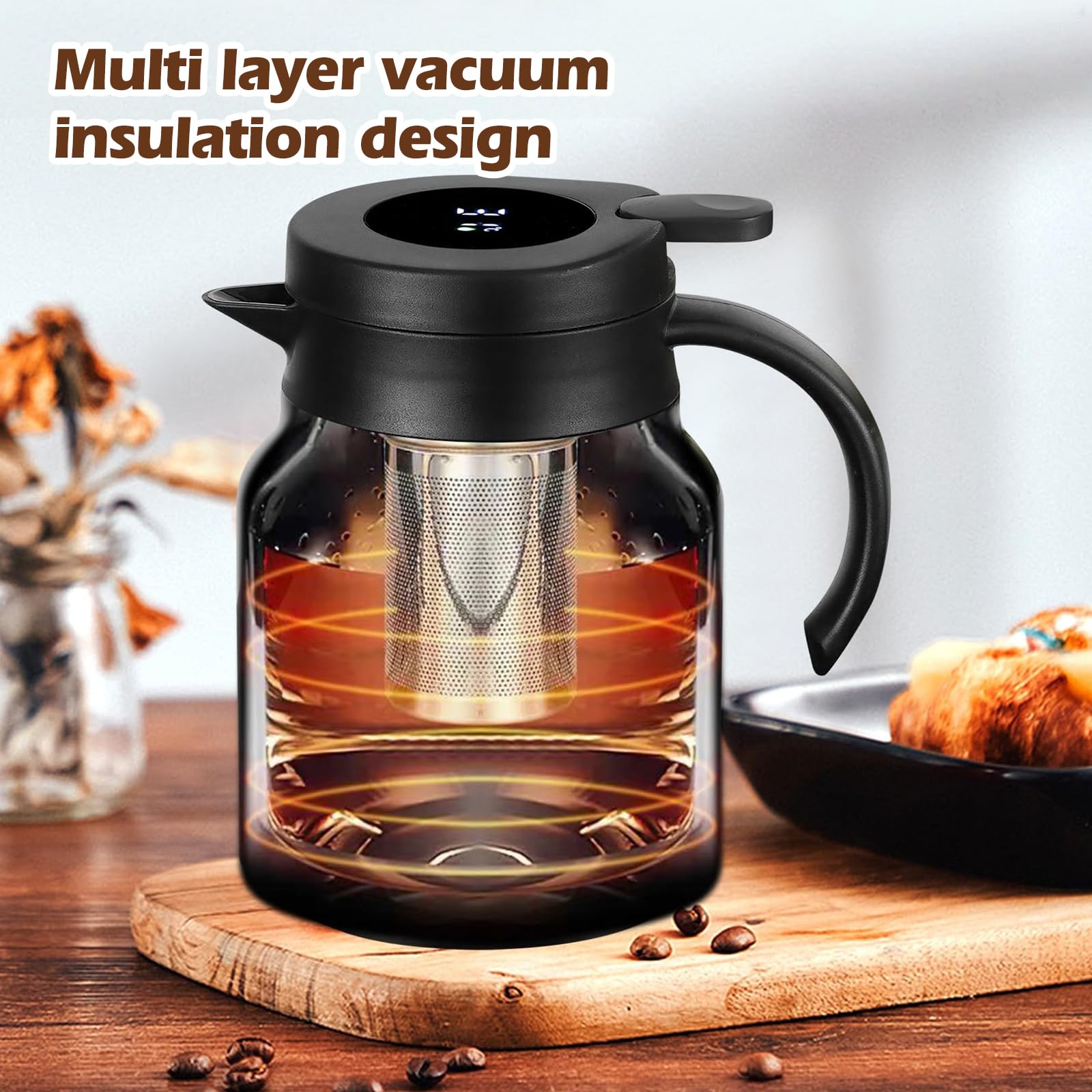 Thermos da 1 l con colino da tè, thermos con indicatore di temperatura, caffettiera (senza perdite, nessuna goccia), caffettiera ben sigillata, per caffè, tè e latte