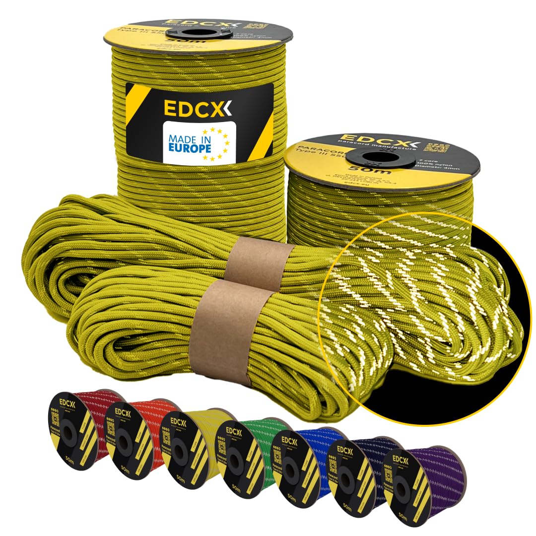 EdcX 4 mm Reflective Paracord 550 (15, 30, 50 m) – Tear-Resistant Parachute Cord for Survival Made of 100% Nylon, 4 mm Type III with 7 Wires (Reflective Yellow, 15 m)