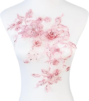 Silvora Colorful Flower Fabric Beaded Lace Applique,3D Embroidered Flower Fabric Patch for Bridal Dress, Handmade Sewing Tool for Wedding DIY CraftsPink
