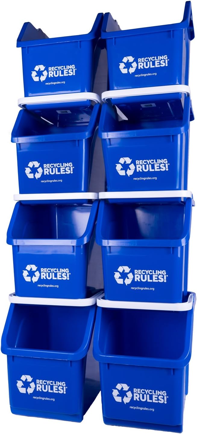 Blue Stackable Recycling Bin Container with Handle 6 Gallon - 8 Pack of Bins