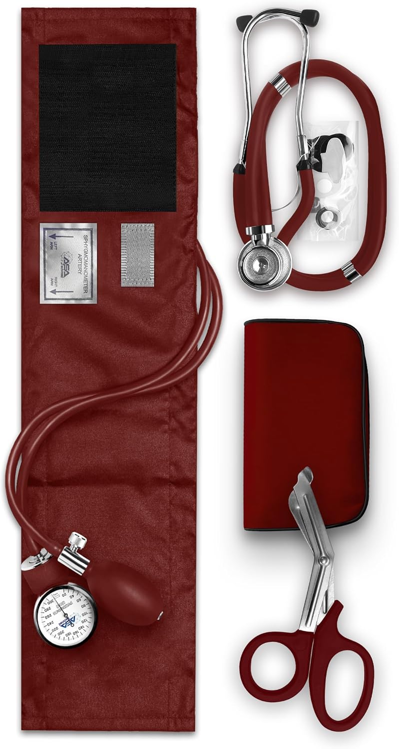 ASA TECHMED Nurse EMT Starter Pack Stethoscope, Blood Pressure Monitor and Trauma 7.5" EMT Shear Ideal Gift for Nurses, Medical Students, Firefighters, Police and Personal Use (Burgundy)